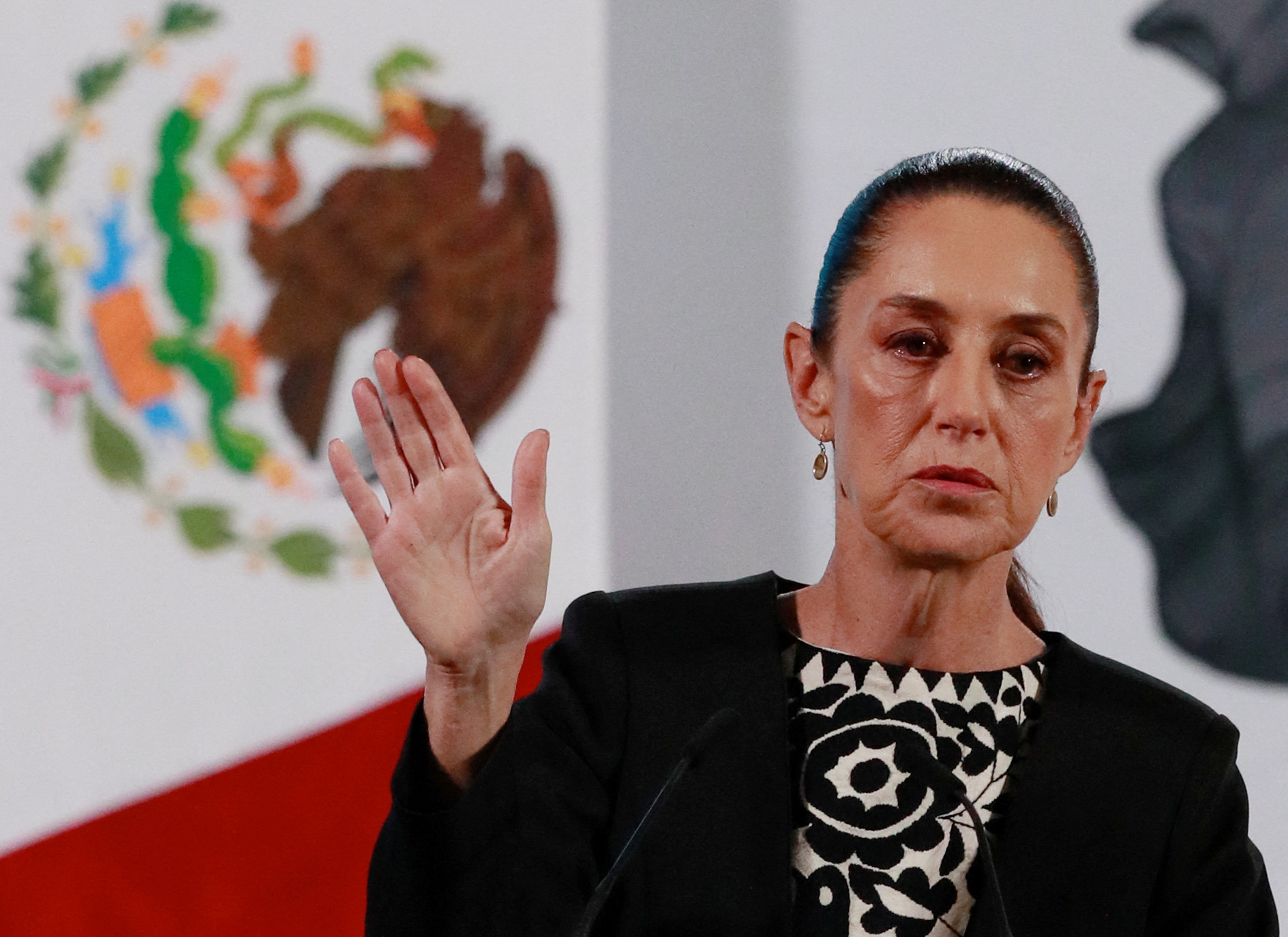 Mexico’s President Claudia Sheinbaum gestures as she speaks about US President Donald Trump’s policies during a news conference at the National Palace, in Mexico City, Mexico, on January 21, 2025