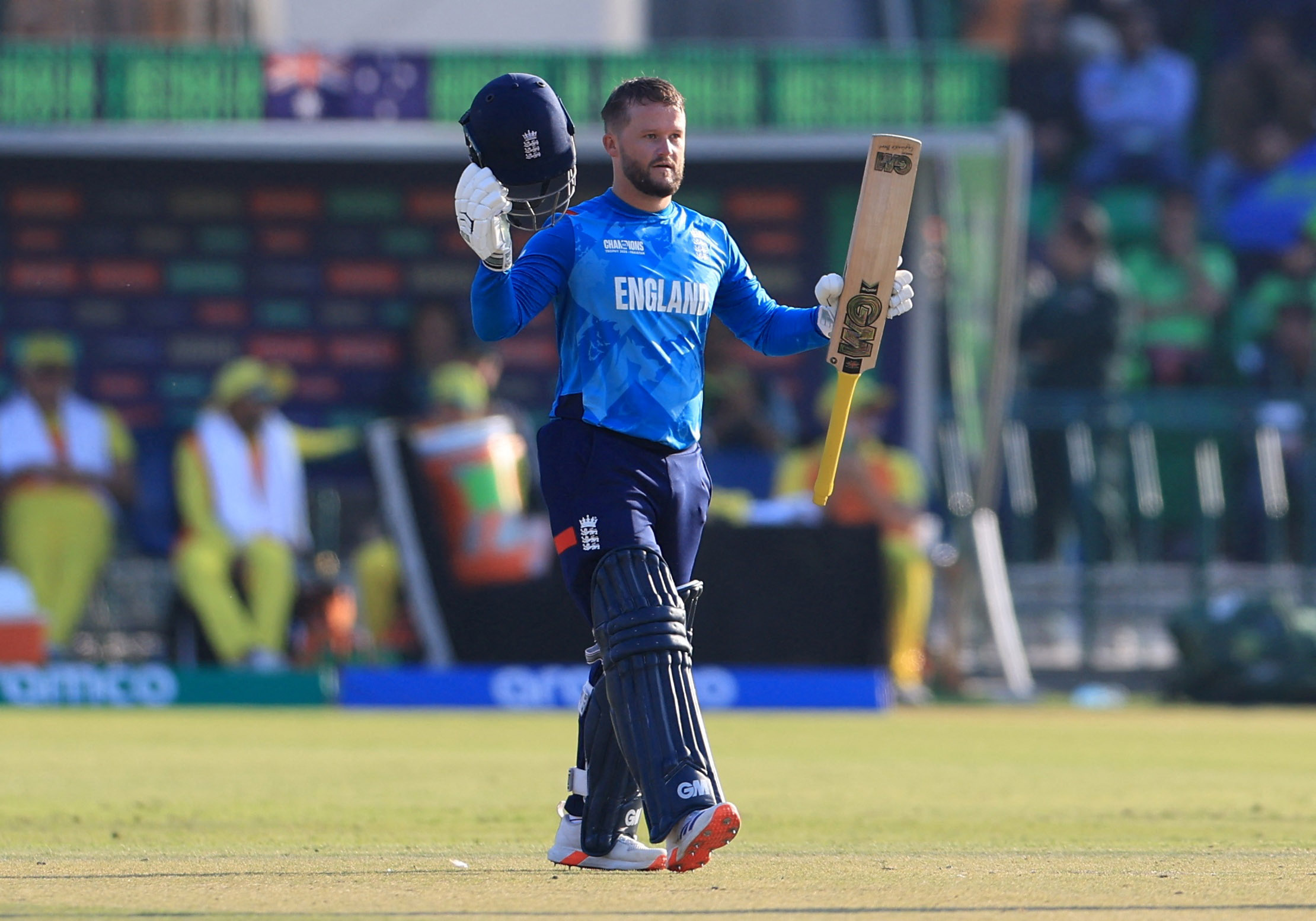 Cricket - ICC Men's Champions Trophy - Group B - Australia v England - Gaddafi Stadium, Lahore, Pakistan - February 22, 2025 England's Ben Duckett celebrates after reaching his century REUTERS/Akhtar Soomro