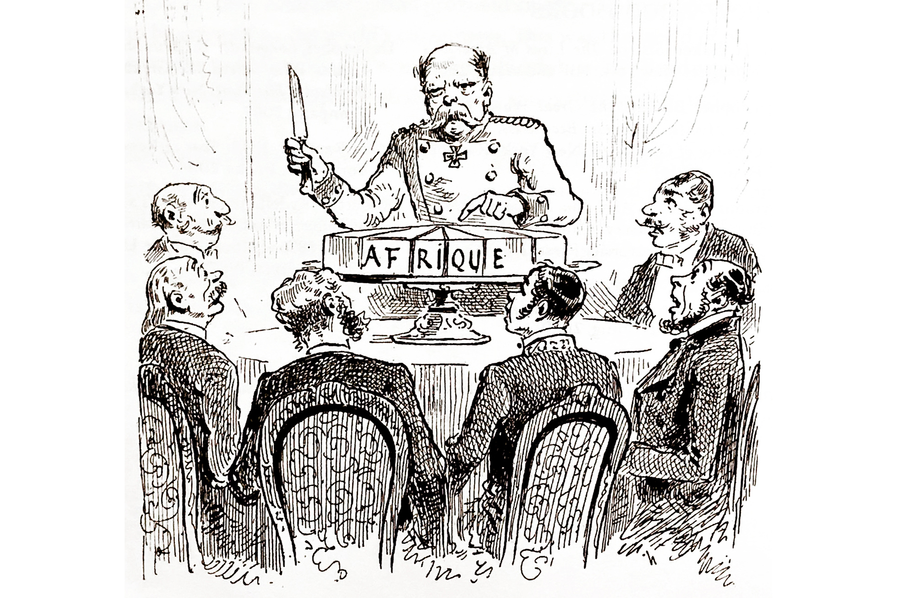 A cartoon, uncredited, in the French magazine “L’illustration” dated January 3, 1885, on page 17, presents a critical view of the Berlin Conference of 1884-1885. It depicts Otto von Bismarck, the then Chancellor of Germany, cutting a cake labelled ‘Africa’ with a knife, symbolising the division of the continent. The other delegates at the conference are shown sitting around the table, watching the scene in shock [Courtesy: Creative Commons]