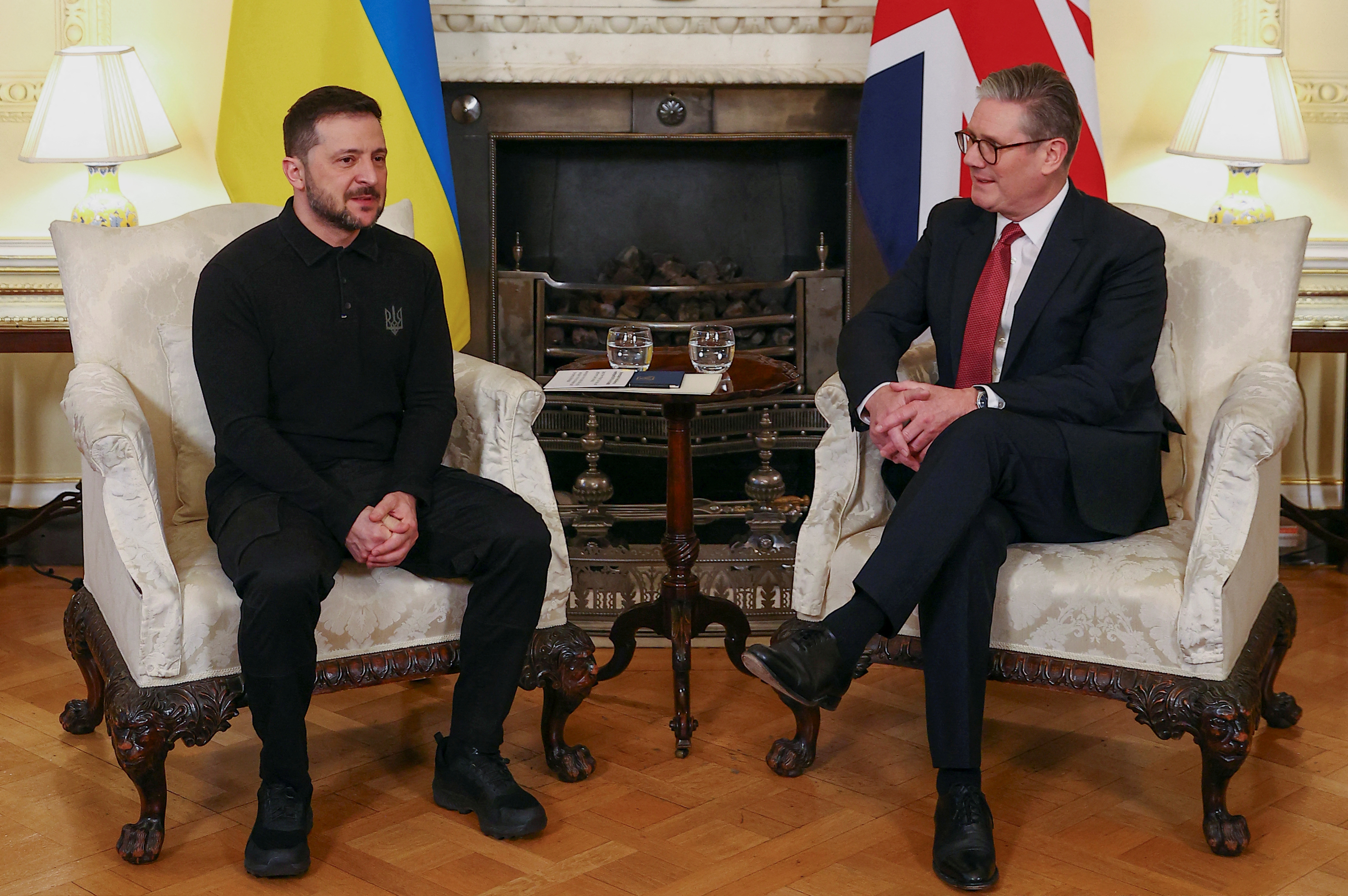 Britain's Prime Minister Keir Starmer and Ukrainian President Volodymyr Zelenskiy attend a bilateral meeting at 10 Downing Street