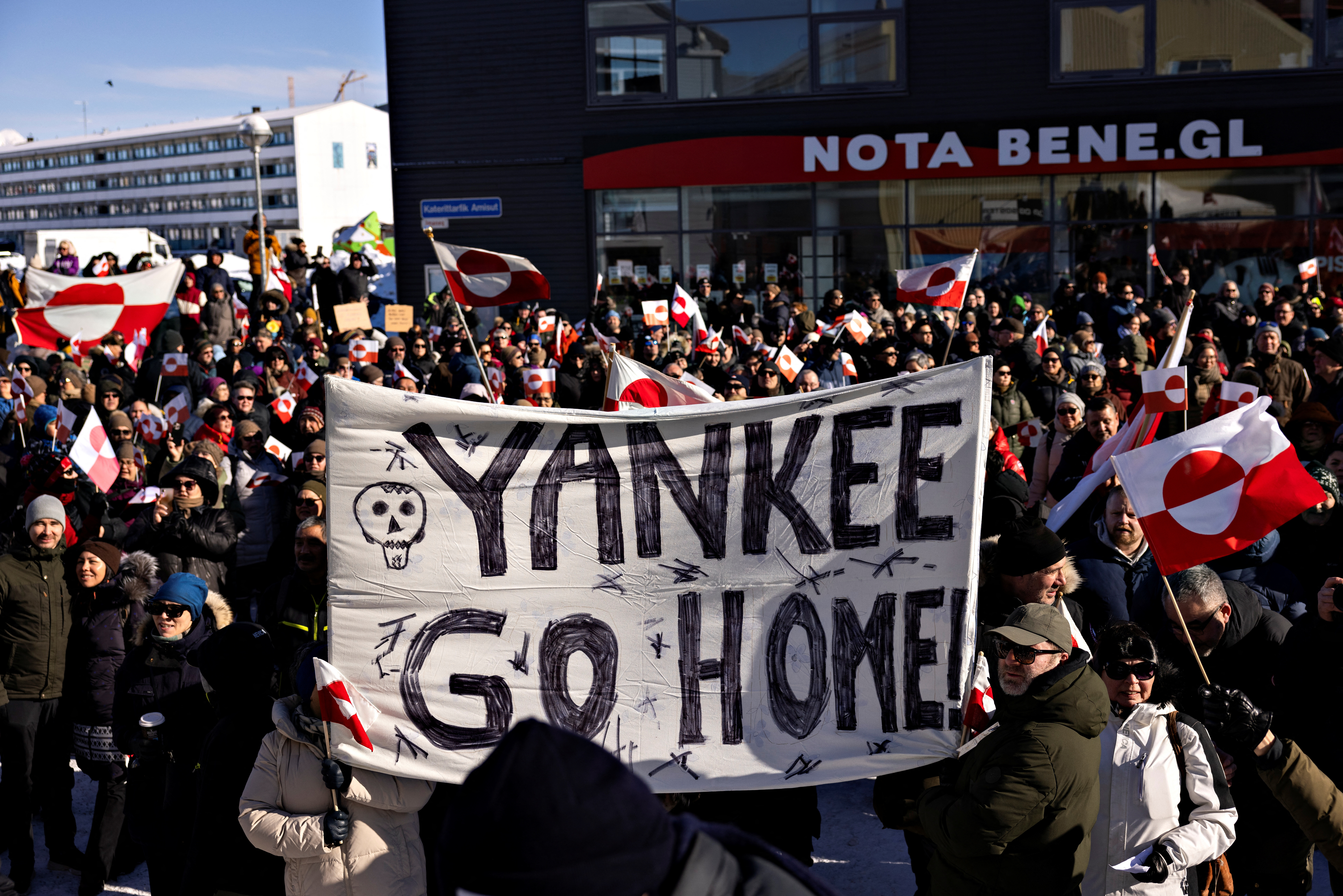 Protesters take part in a a demonstration march ending in front of the U.S. consulate, under the slogan, Greenland belongs to the Greenlandic people, in Nuuk, Greenland, March 15, 2025. Christian Klindt Soelbeck/Ritzau Scanpix/via REUTERS ATTENTION EDITORS - THIS IMAGE WAS PROVIDED BY A THIRD PARTY. DENMARK OUT. NO COMMERCIAL OR EDITORIAL SALES IN DENMARK.