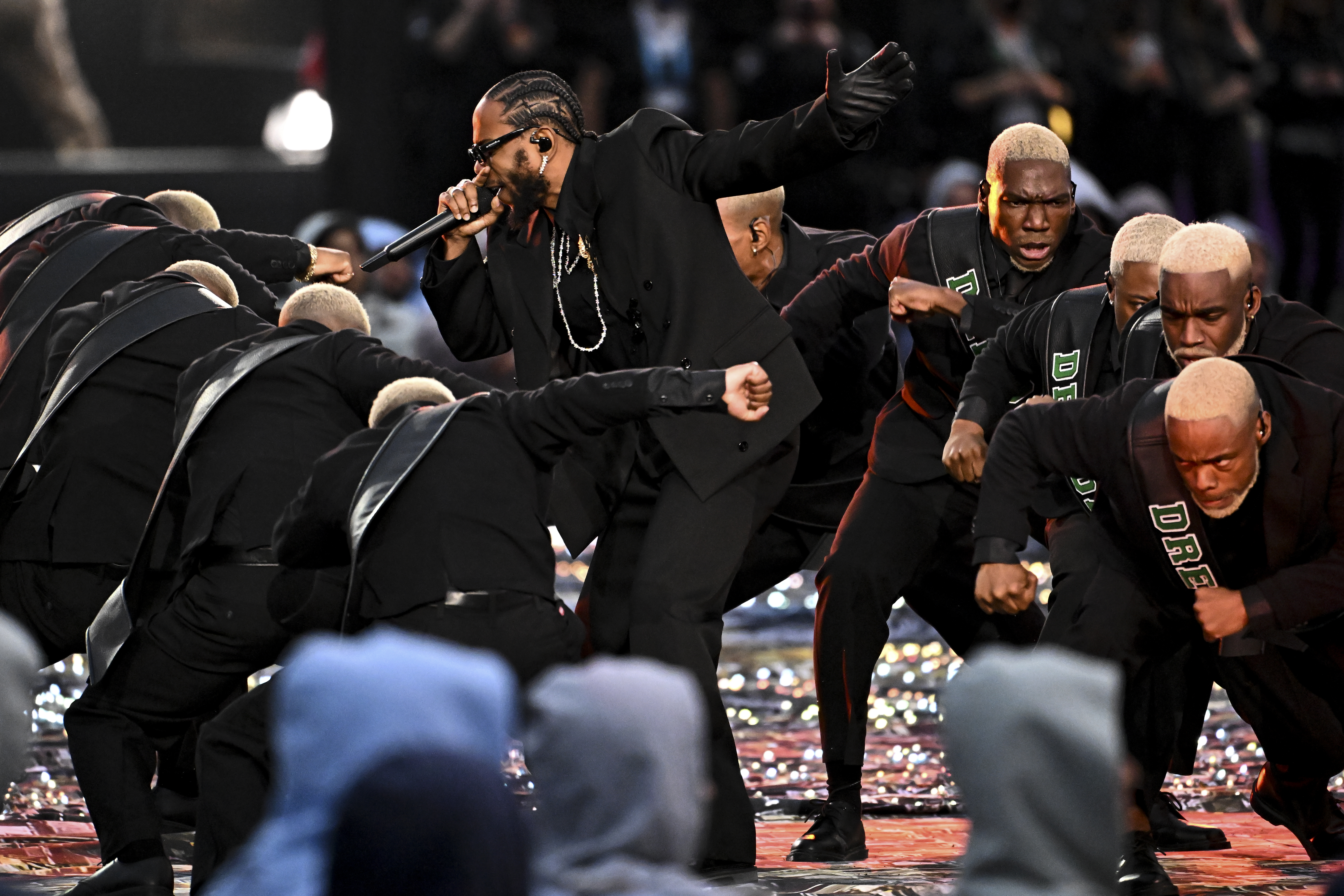 Kendrick Lamar performs during halftime in Super Bowl LVI at SoFi Stadium on Sunday, Feb. 13 2022 in Inglewood, CA. (Wally Skalij / Los Angeles Times via Getty Images)