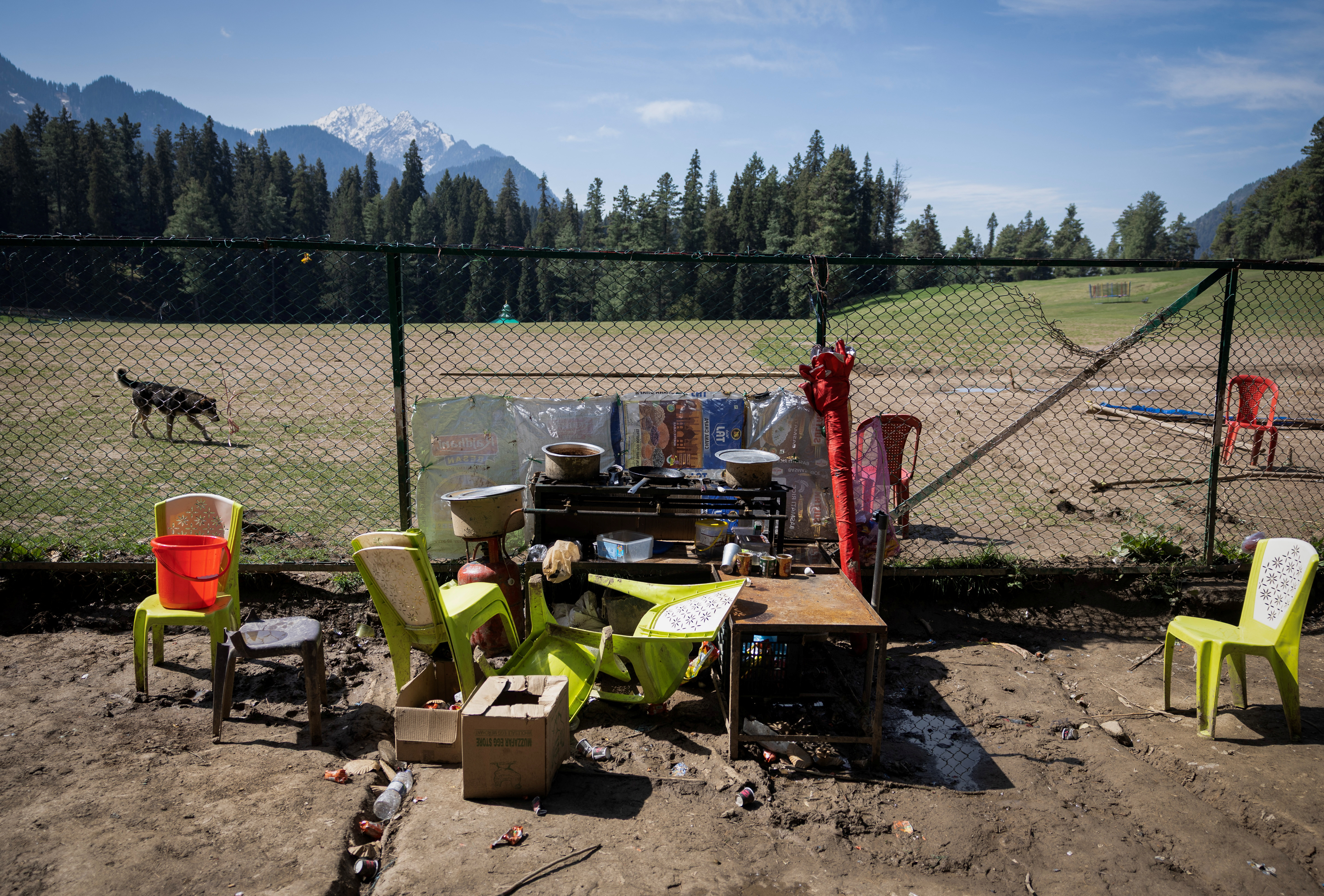 A damaged food shack is pictured at the site of Tuesday’s attack on tourists in Baisaran near Pahalgam in south Kashmir’s Anantnag district, on April 24, 2025