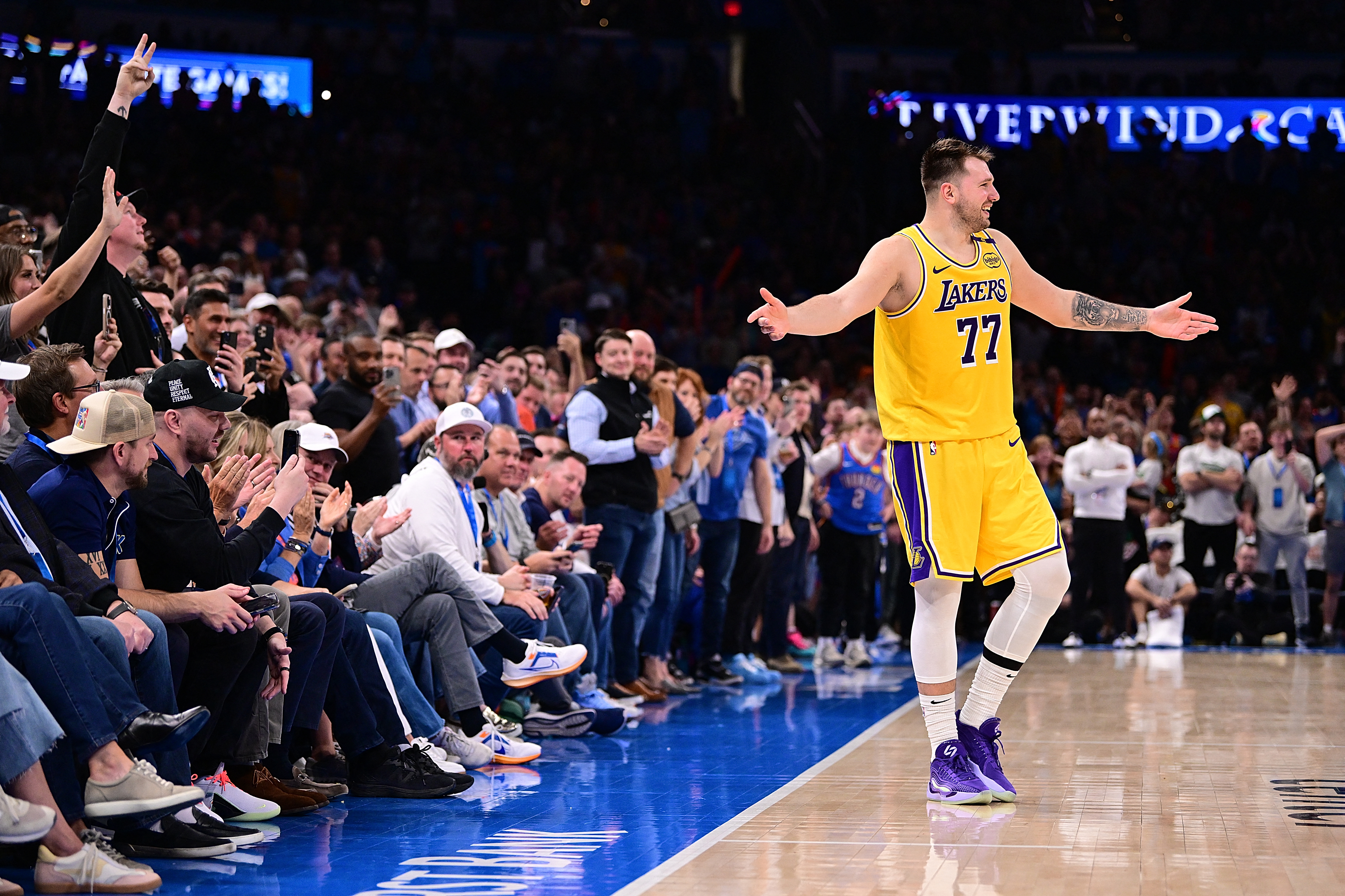 Luka Doncic of the Los Angeles Lakers pleads with the officials after being ejected during the fourth quarter against the Oklahoma City Thunder at Paycom Center in Oklahoma City, US, on April 8, 2025