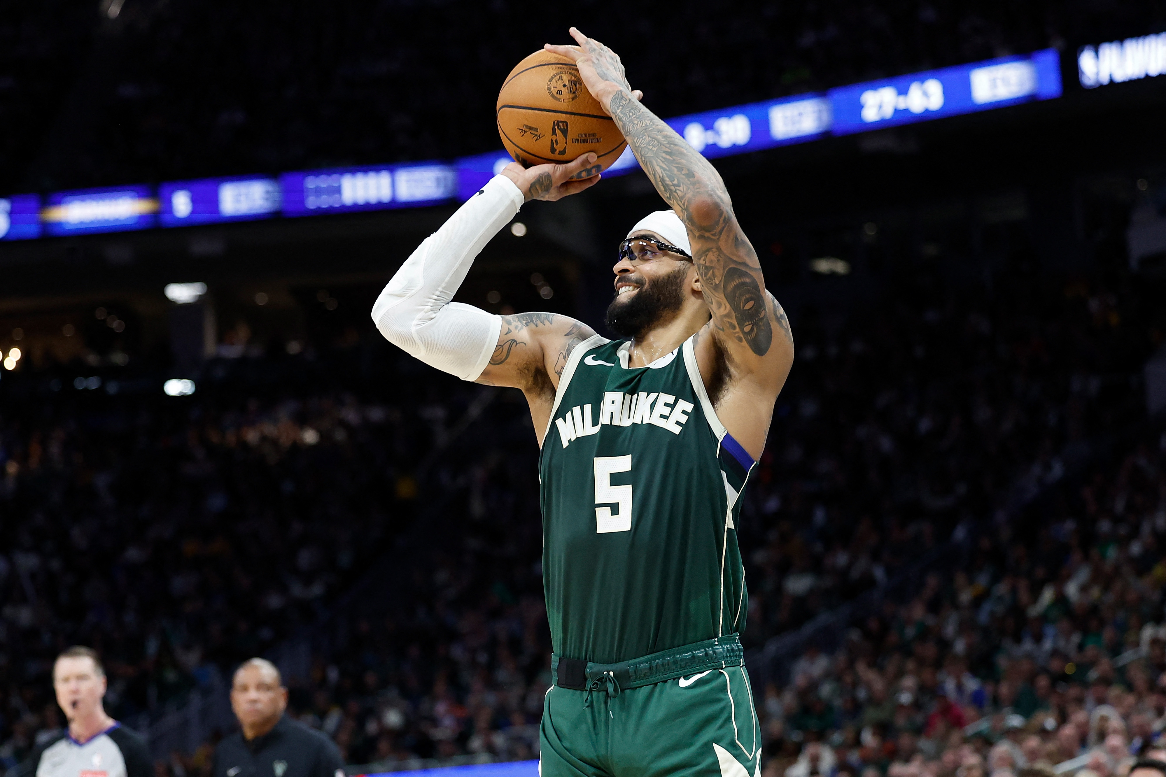 Milwaukee’s Gary Trent Jr tied a franchise playoff record with nine 3-pointers against the Indiana Pacers in Game 3 of their first-round NBA playoff series at Fiserv Forum on April 25, 2025, in Milwaukee, Wisconsin, US