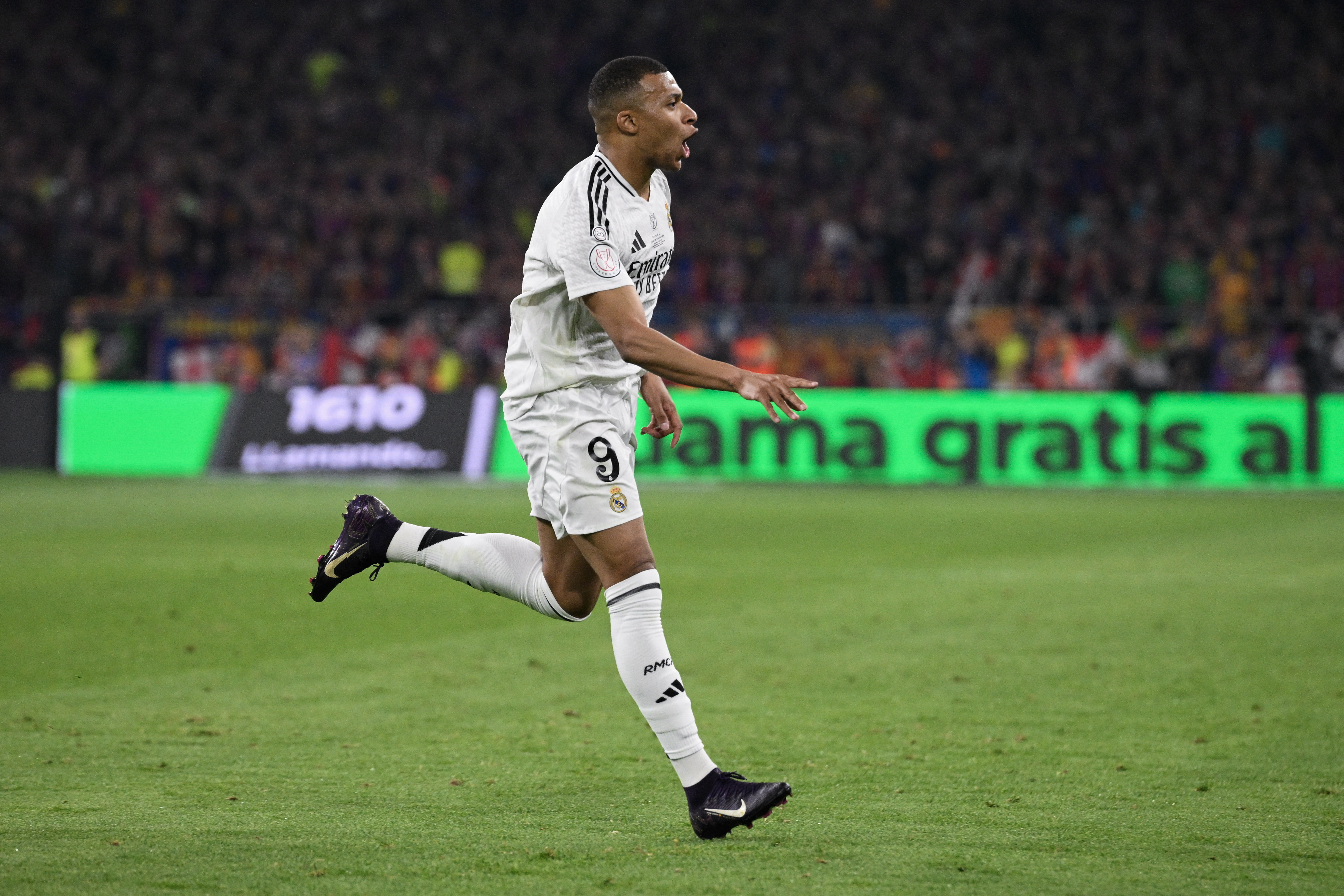 Real Madrid’s French forward Kylian Mbappe celebrates scoring an equalising goal in the second half