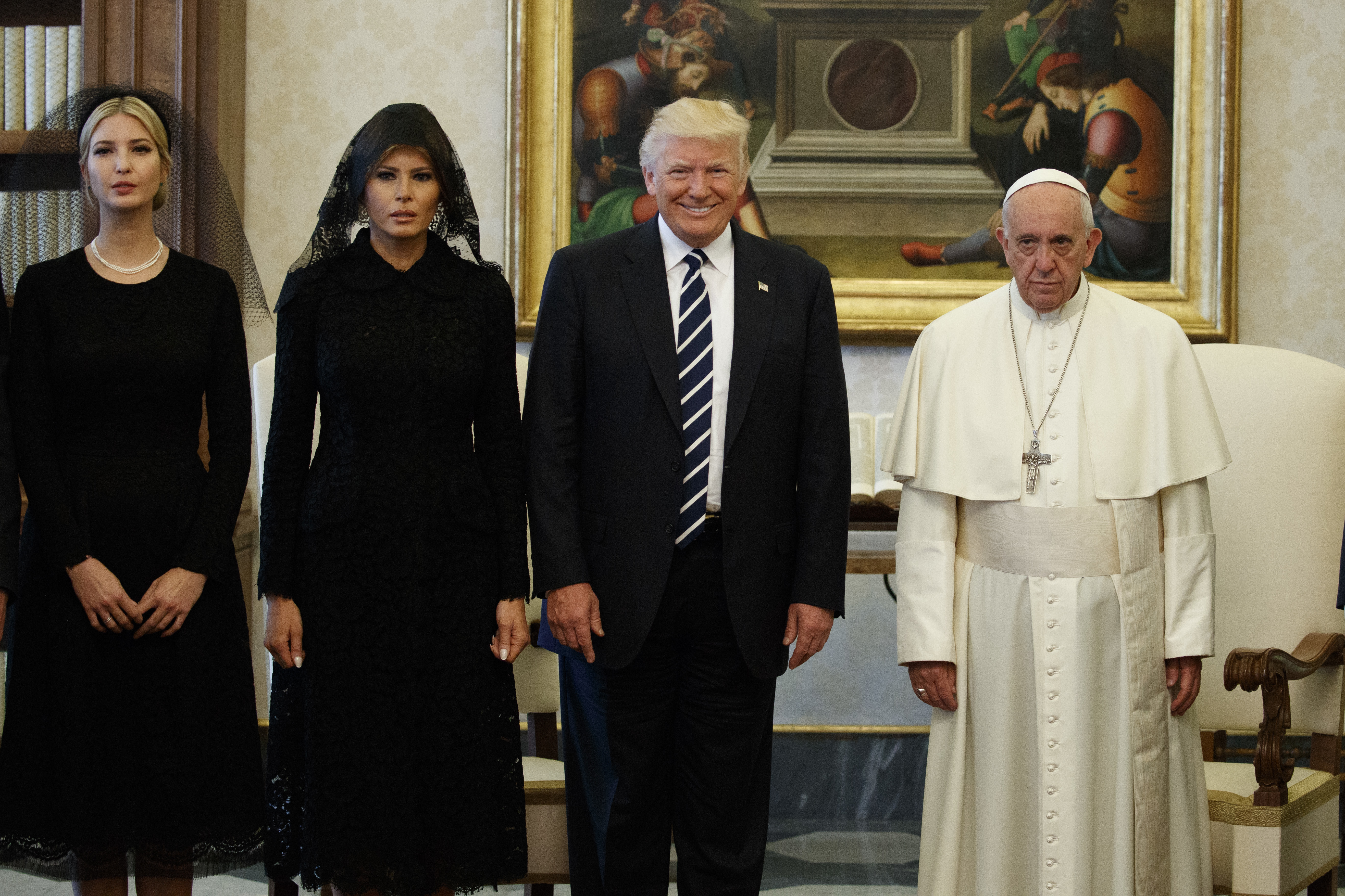 Ivanka Trump, First Lady Melania Trump, and President Donald Trump (during his first presidency) stand with the late Pope Francis during a meeting in 2017, at the Vatican