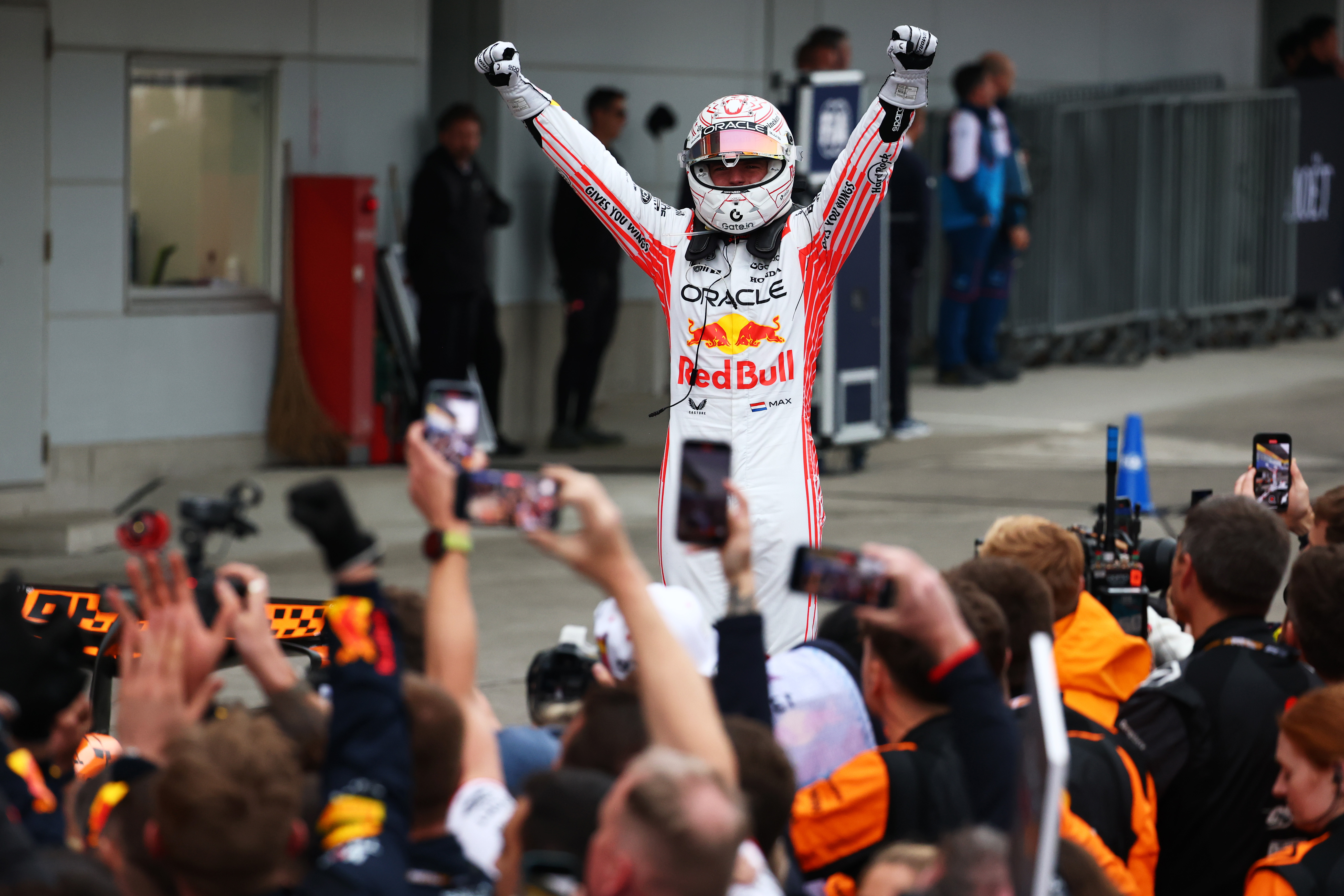 Dutch racer Max Verstappen of Oracle Red Bull Racing celebrates his F1 Grand Prix win at Suzuka Circuit on April 6, 2025