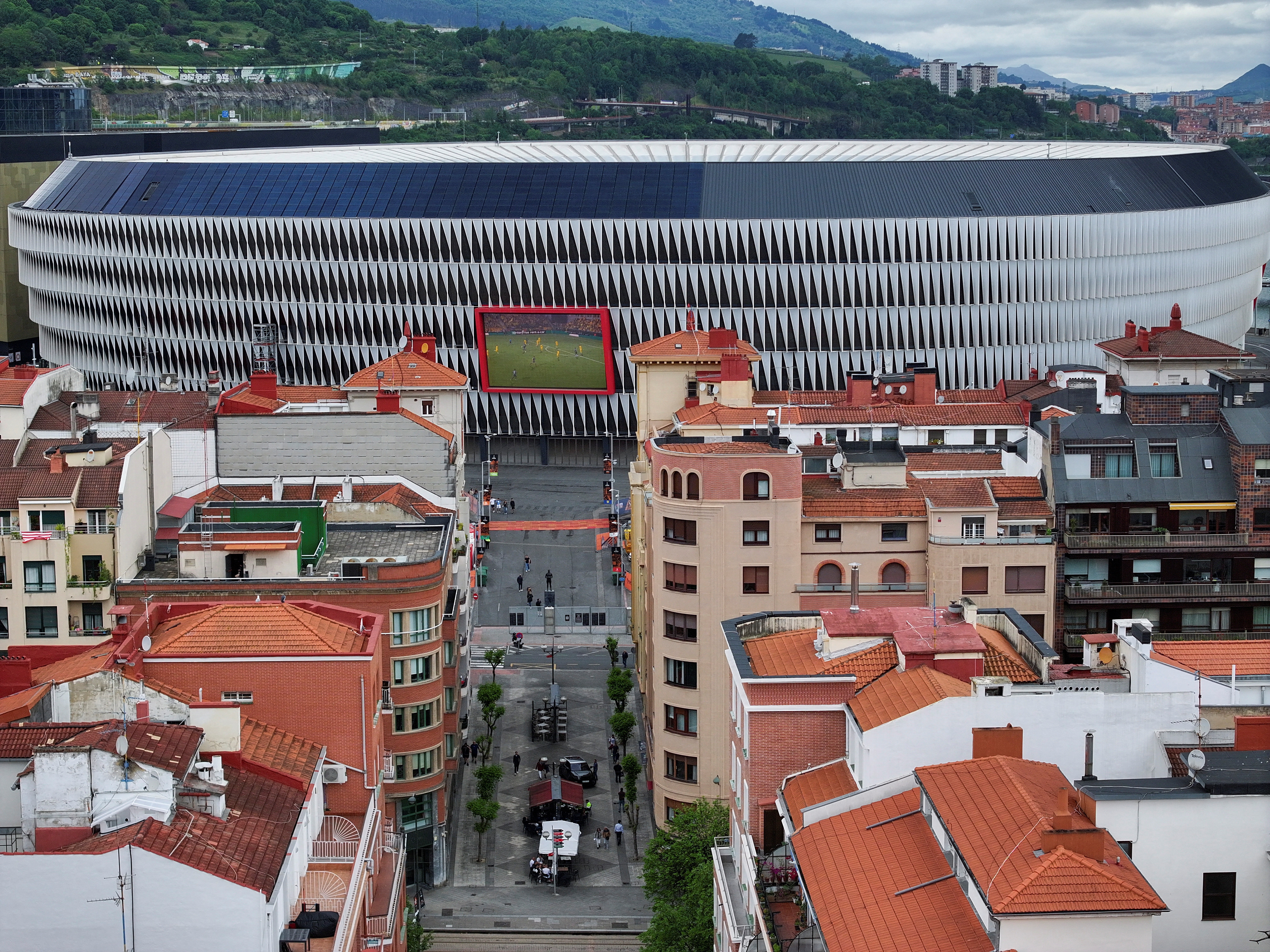 A drone view shows San Mames Stadium before the Europa League final