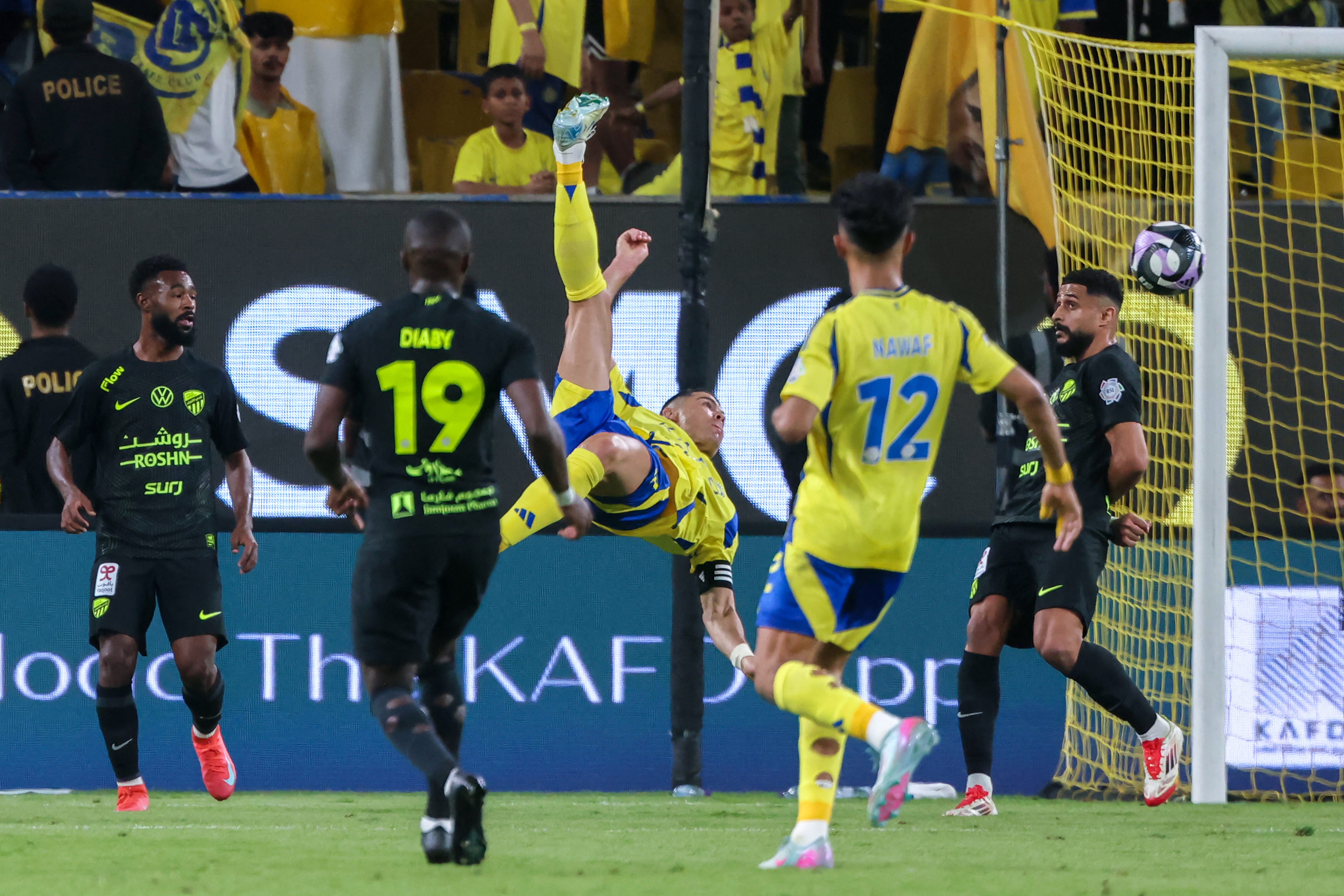 Al-Nassr’s Portuguese forward #7 Cristiano Ronaldo attempts a shot at goal during the Saudi Pro League football match between Al-Nassr and Al-Ittihad at Al-Awwal Park in Riyadh on May 7, 2025