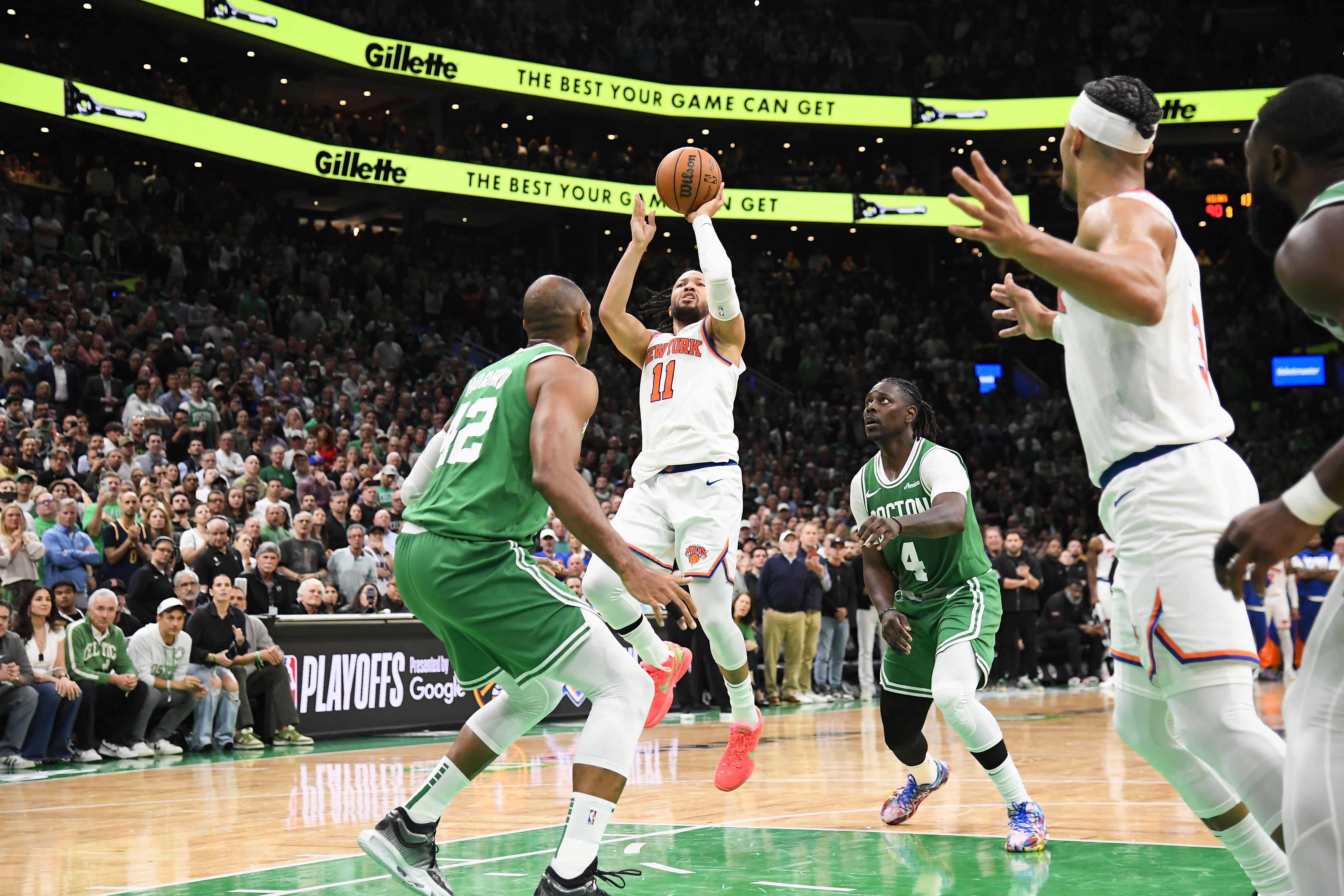 Jalen Brunson #11 of the New York Knicks shoots the ball during the game against the Boston Celtics during Game 2 on May 7, 2025 at TD Garden in Boston, Massachusetts, US