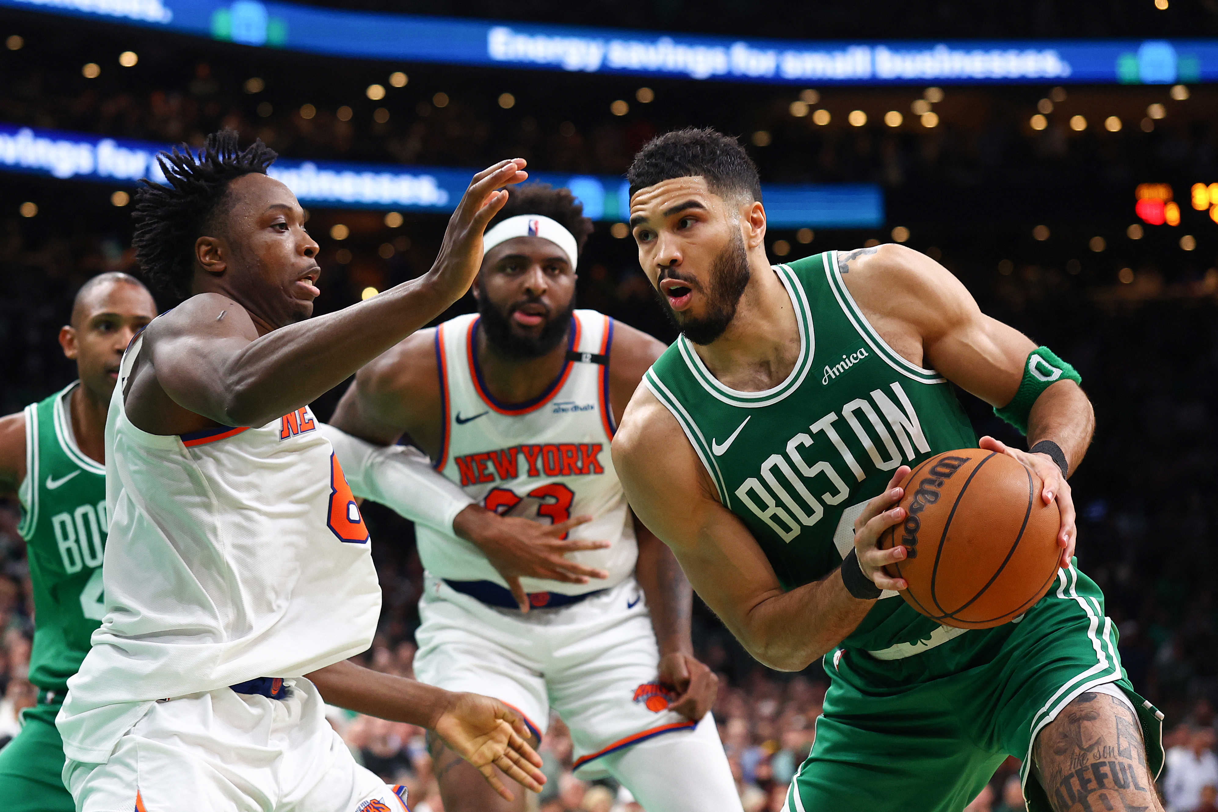 Boston Celtics star forward Jayson Tatum, right, finished with 13 points on five-for-19 shooting in Game 2