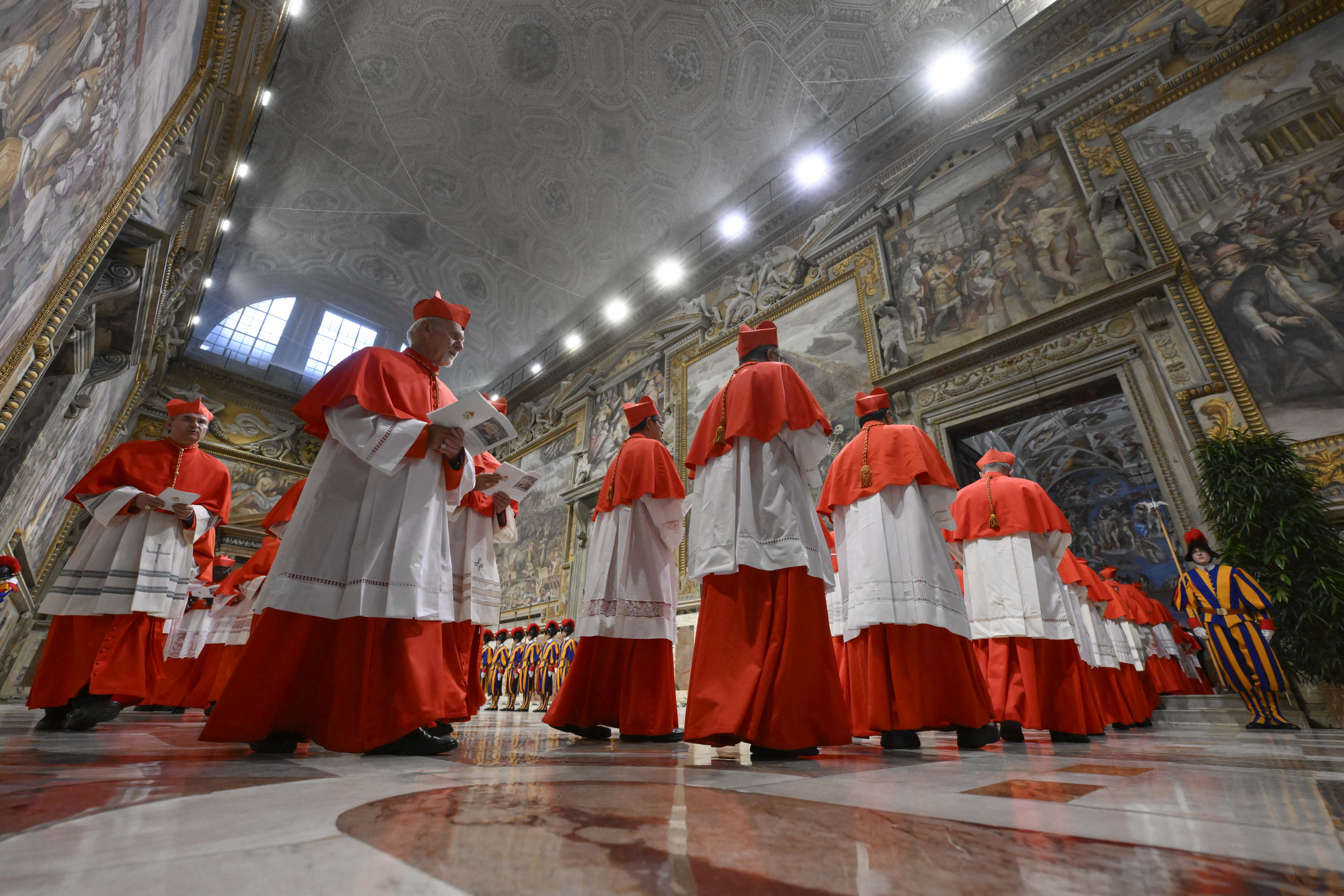 Cardinals walking in a row.