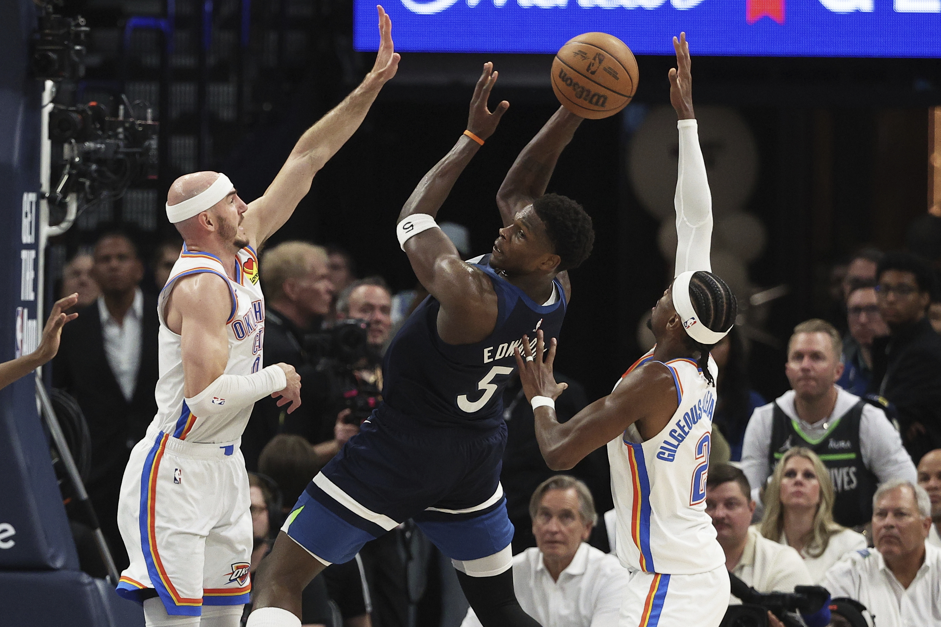 Minnesota Timberwolves All-Star guard Anthony Edwards, centre, shot 5-for-16 from the field and scored 16 points in Game 4