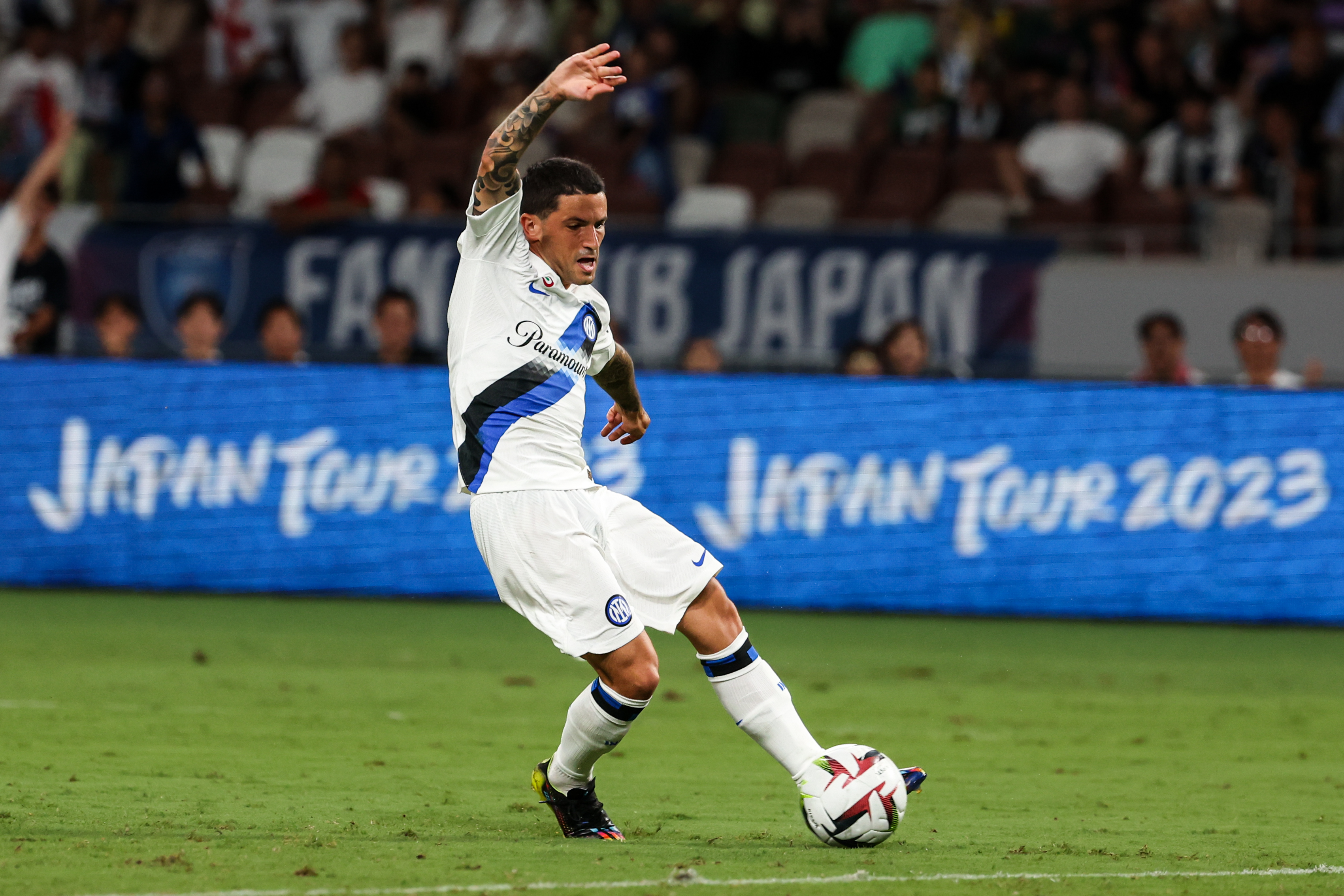 Stefano Sensi of Inter scores the game-winning second goal during the preseason friendly match between Paris Saint-Germain and FC Internazionale on August 1, 2023 in Tokyo, Japan