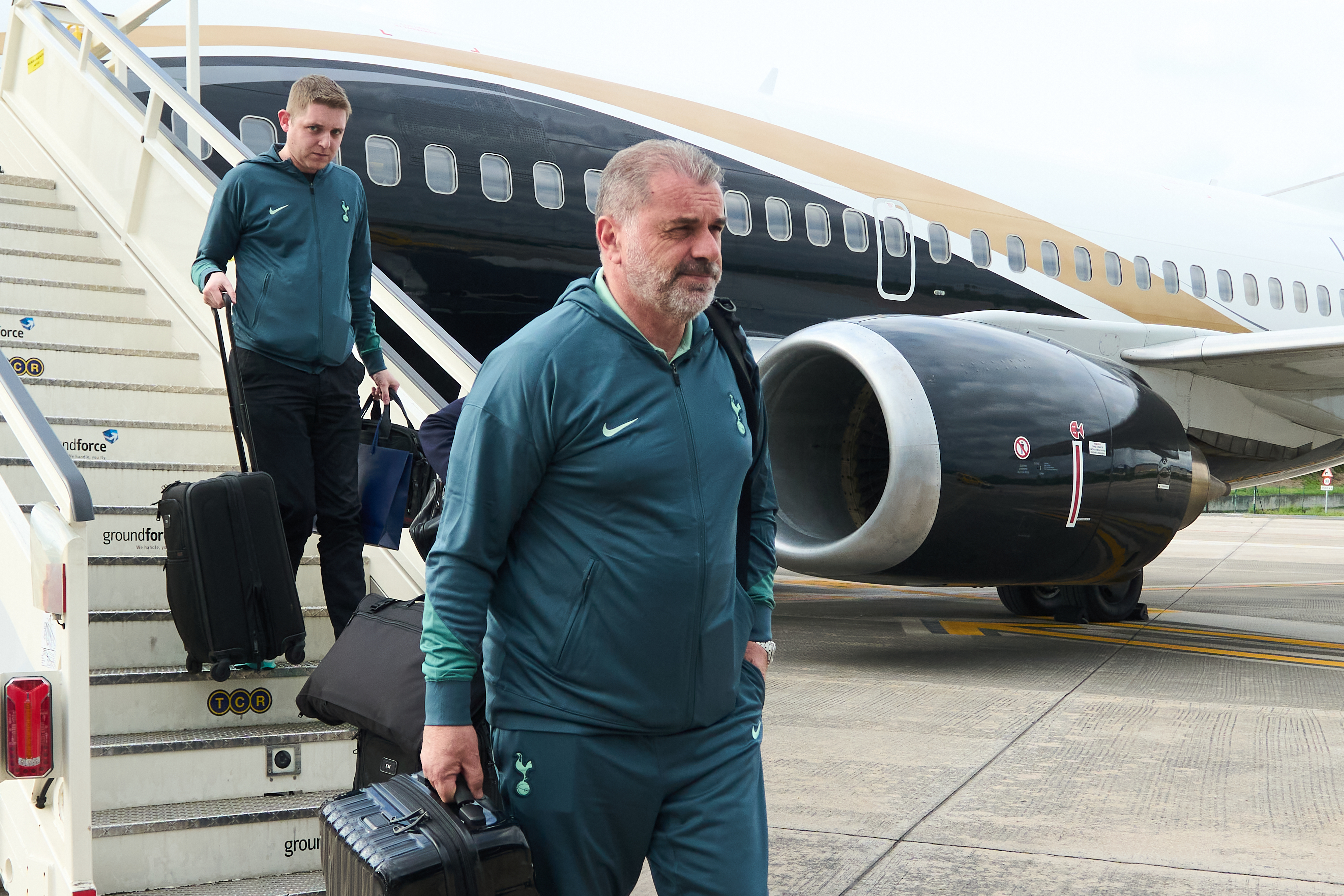 Tottenham manager Ange Postecoglou arrives at Bilbao airport, Spain, on May 18, 2025