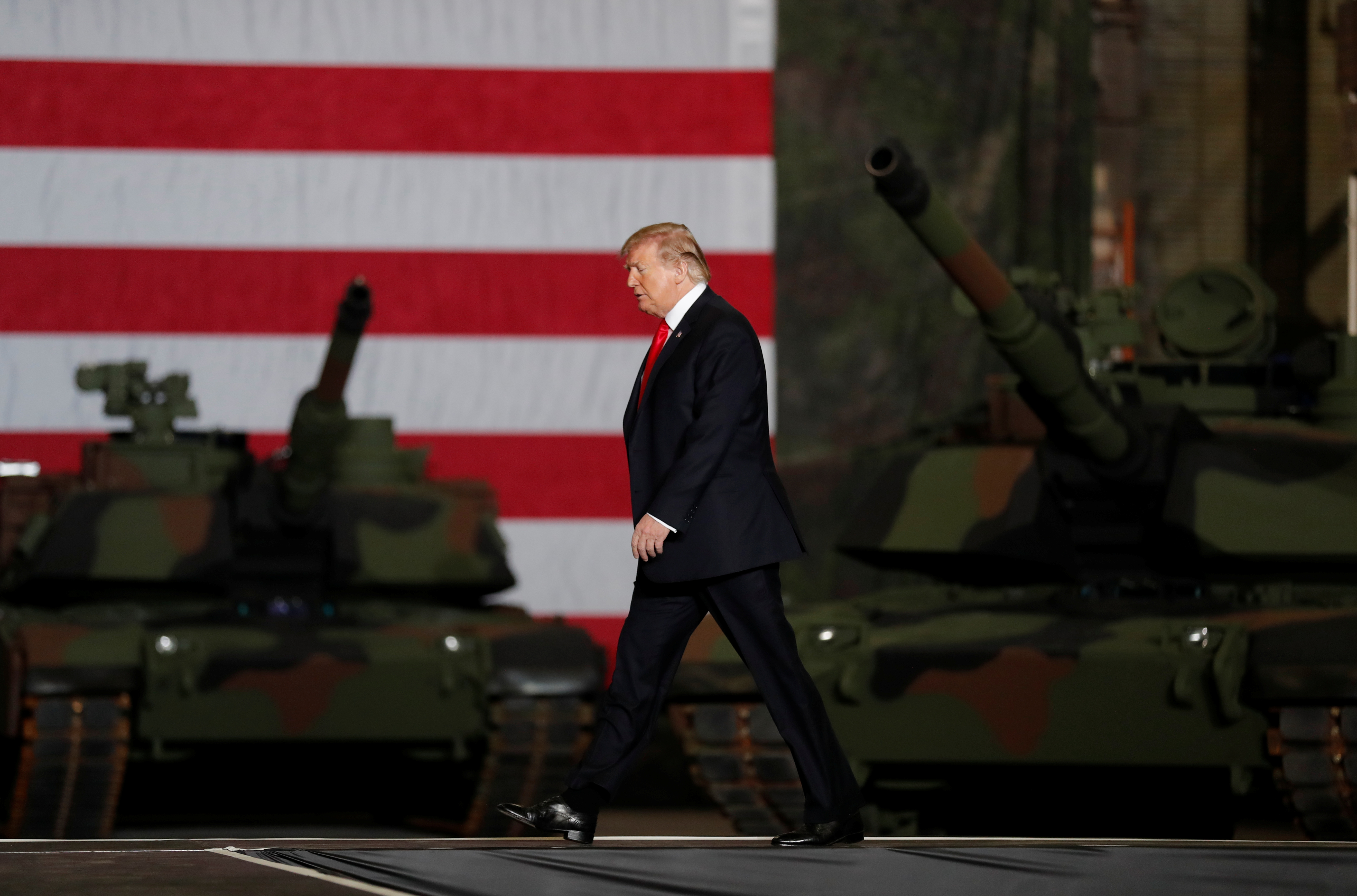 US President Donald Trump is seen at a tank manufacturing plant in Lima, Ohio, in 2019
