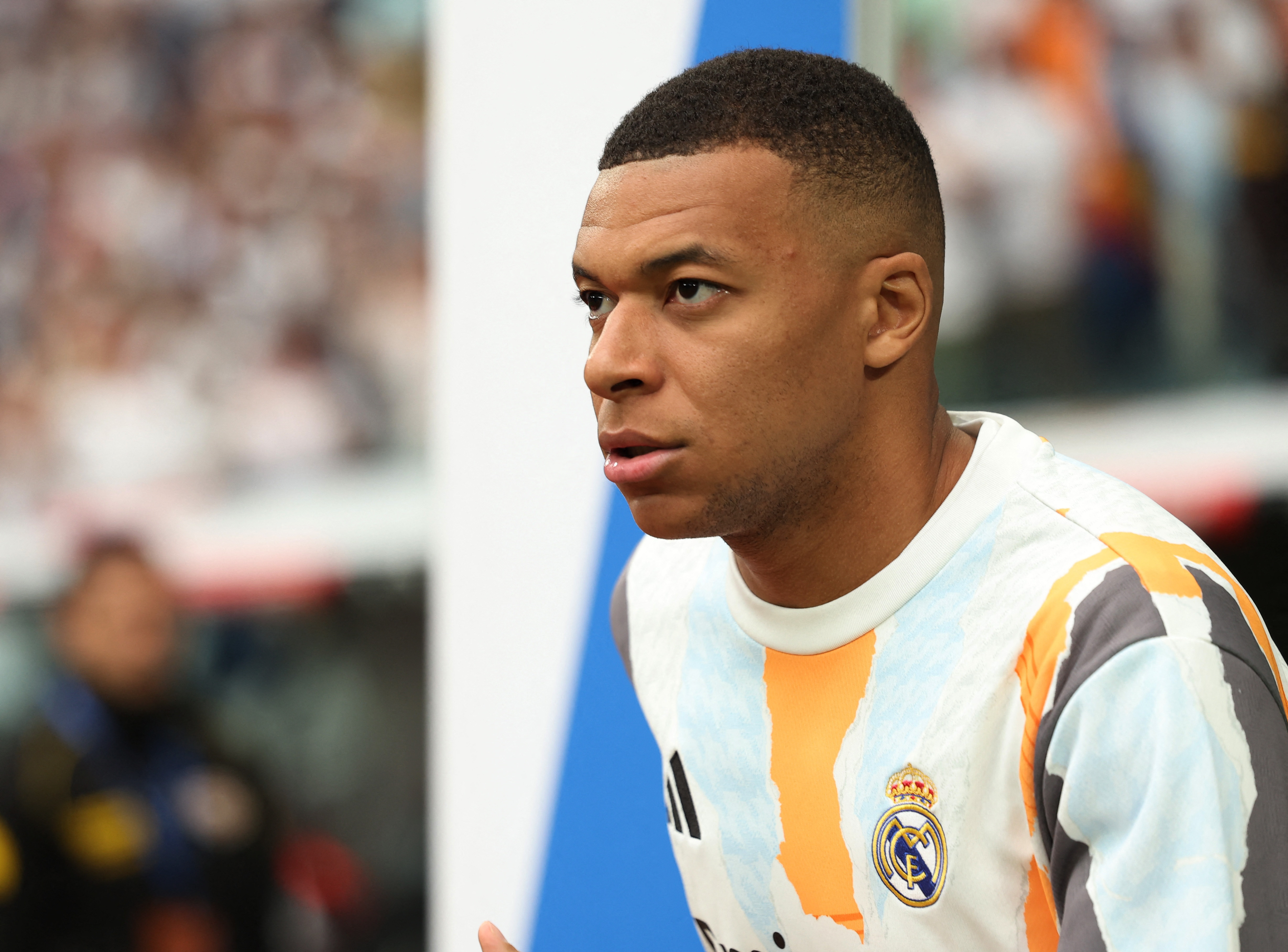 Real Madrid's Kylian Mbappe during the warm up for a game