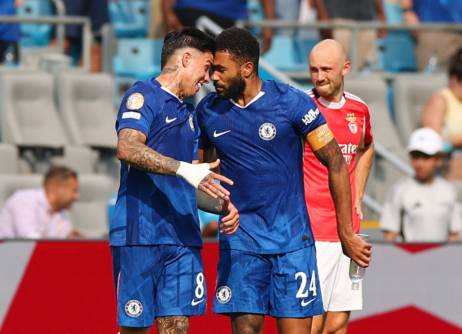 Chelsea's Reece James celebrates scoring their first goal with Enzo Fernandez