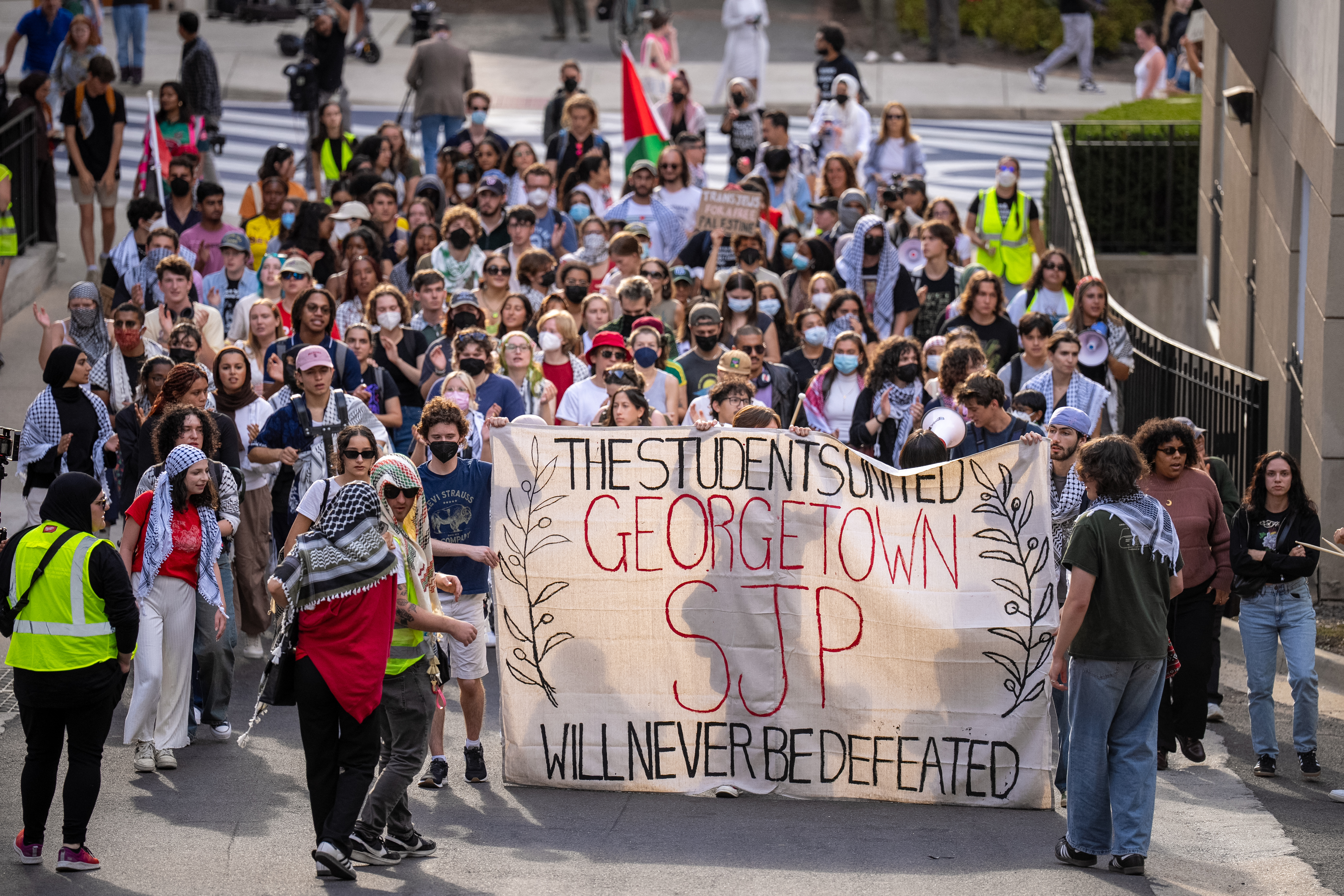 Students march during an on-campus protest in support of Palestine at Georgetown University on September 4, 2024, in Washington, DC