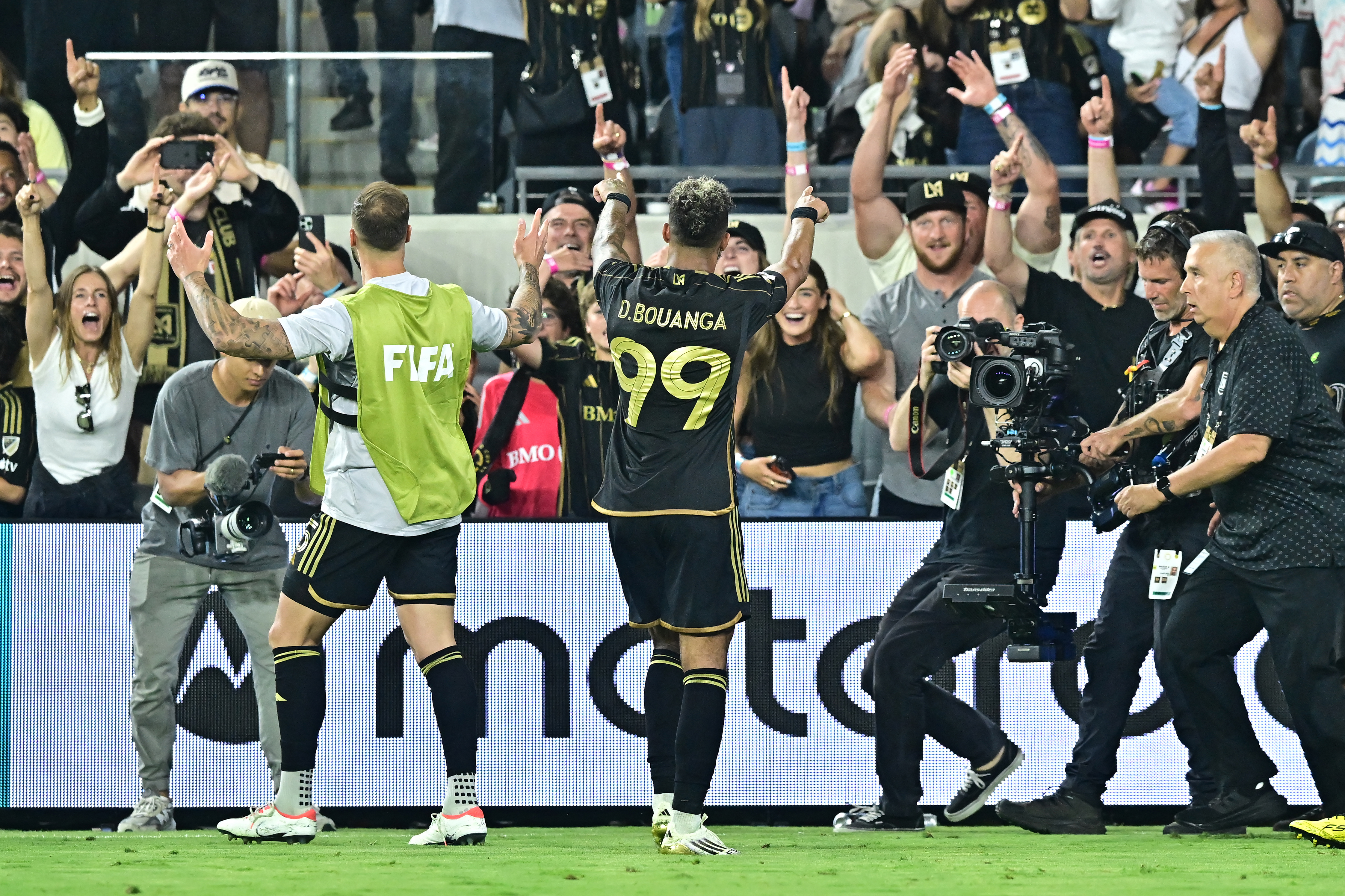 Bouanga celebrates with spectators after sending his side through to the FIFA Club World Cup, beginning June 14