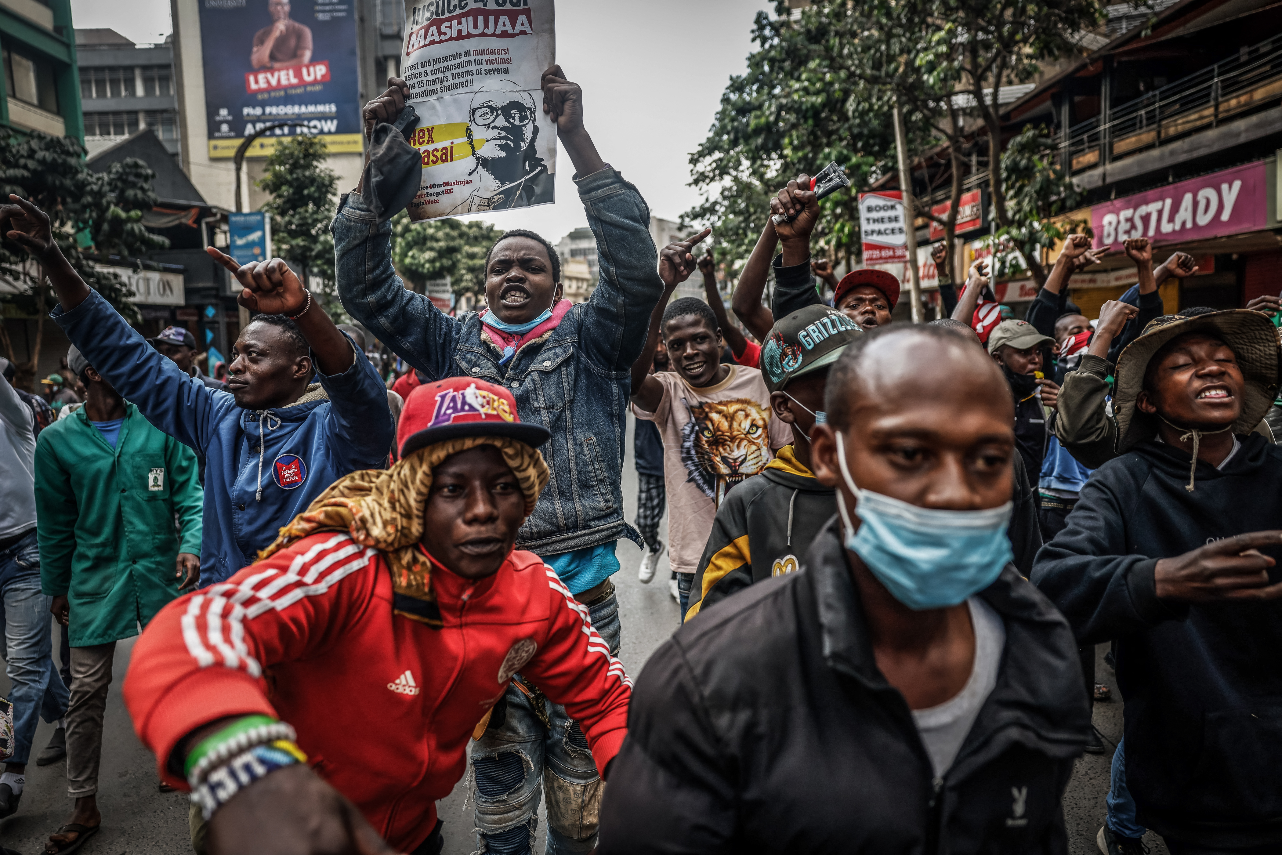 Demonstrators march in downtown Nairobi, Kenya