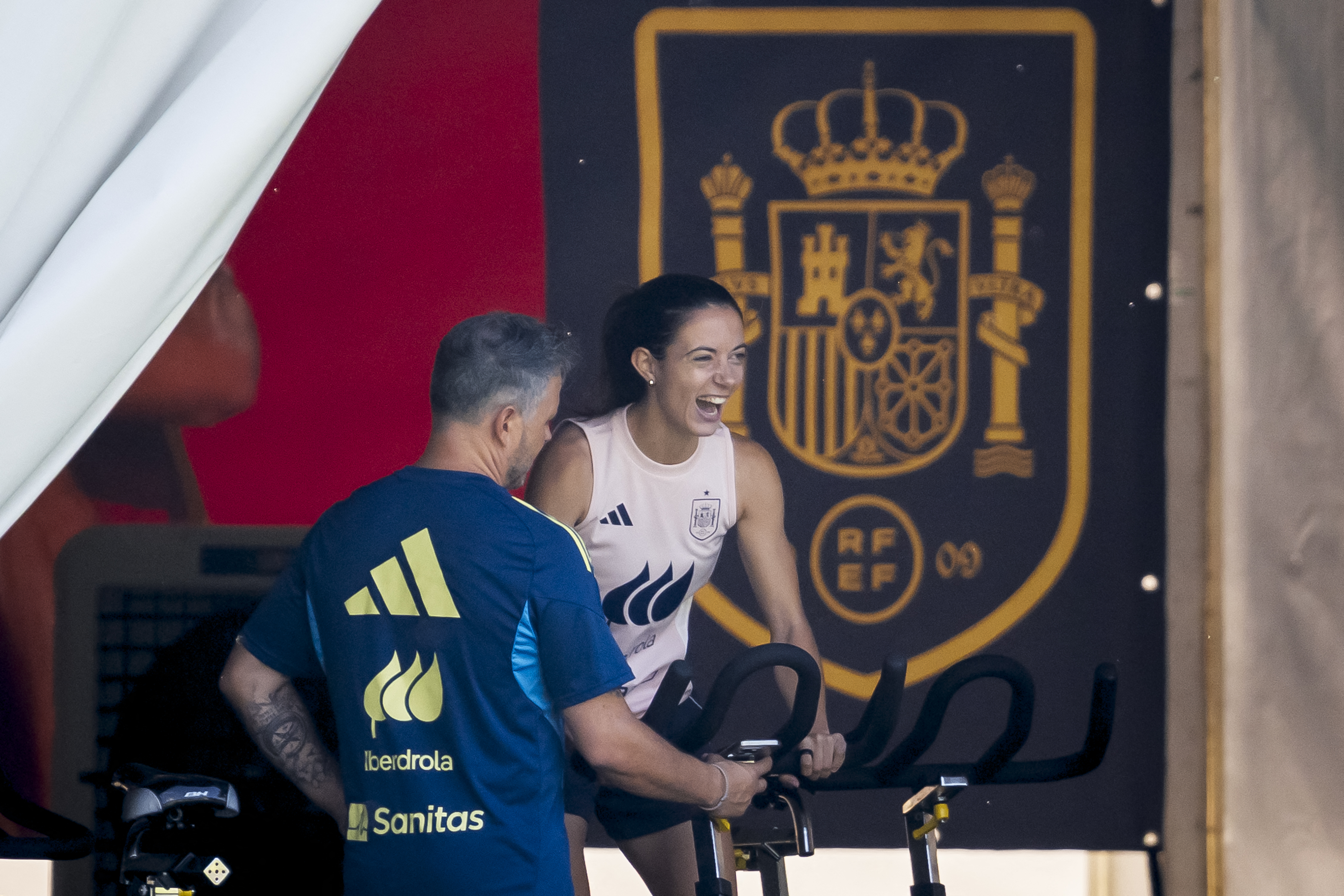 Spain’s midfielder #06 Aitana Bonmati trains in a tent ahead of the UEFA Women’s Euro 2025 football tournament, at Juan-Antonio Samaranch Stadium, in Lausanne, on July 1, 2025.