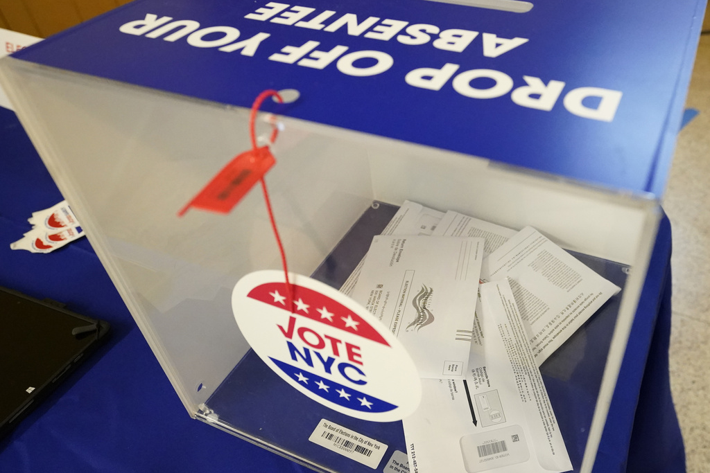 Absentee ballots sit inside a sealed ballot box during early voting in a primary election on June 14, 2023, in the SoHo neighbourhood of New York City