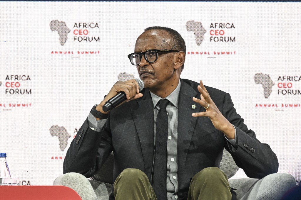Rwanda's President Paul Kagame speaks during a presidential panel at the opening ceremony of the Africa CEO Forum annual summit in Abidjan on May 12, 2025. [File: Issouf Sanogo/AFP]