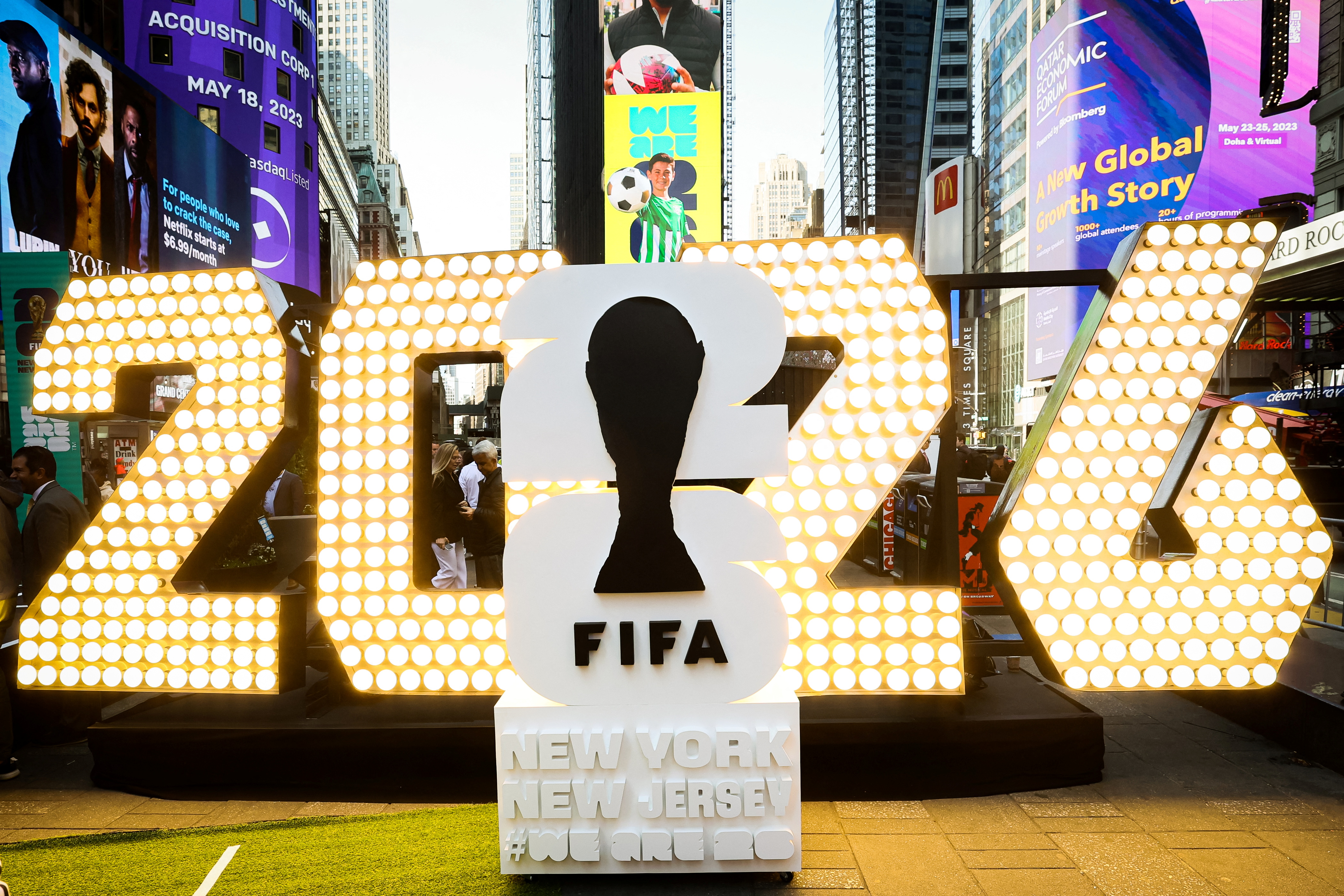 The New York/New Jersey’s FIFA World Cup 2026 logo was revealed in Times Square in 2023, with New Jersey’s MetLife Stadium hosting the 2026 final