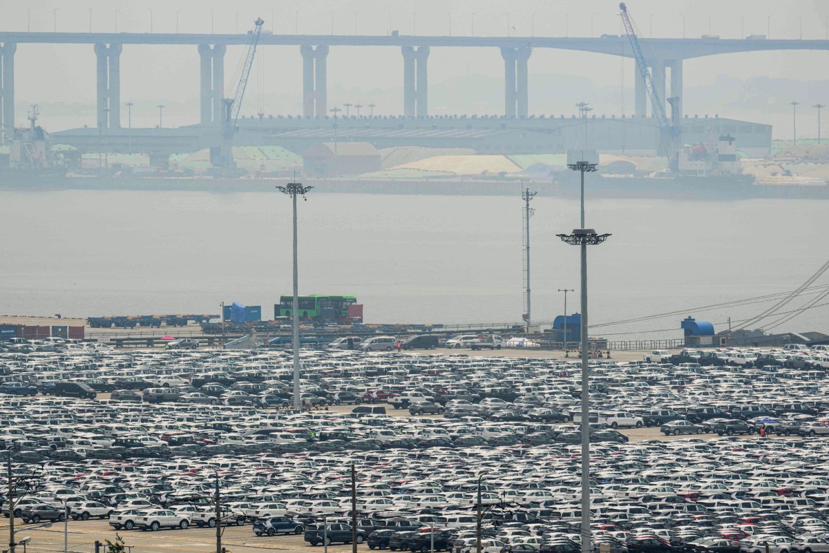 Vehicles for export are seen at a port in Pyeongtaek, South Korea, on July 8, 2025