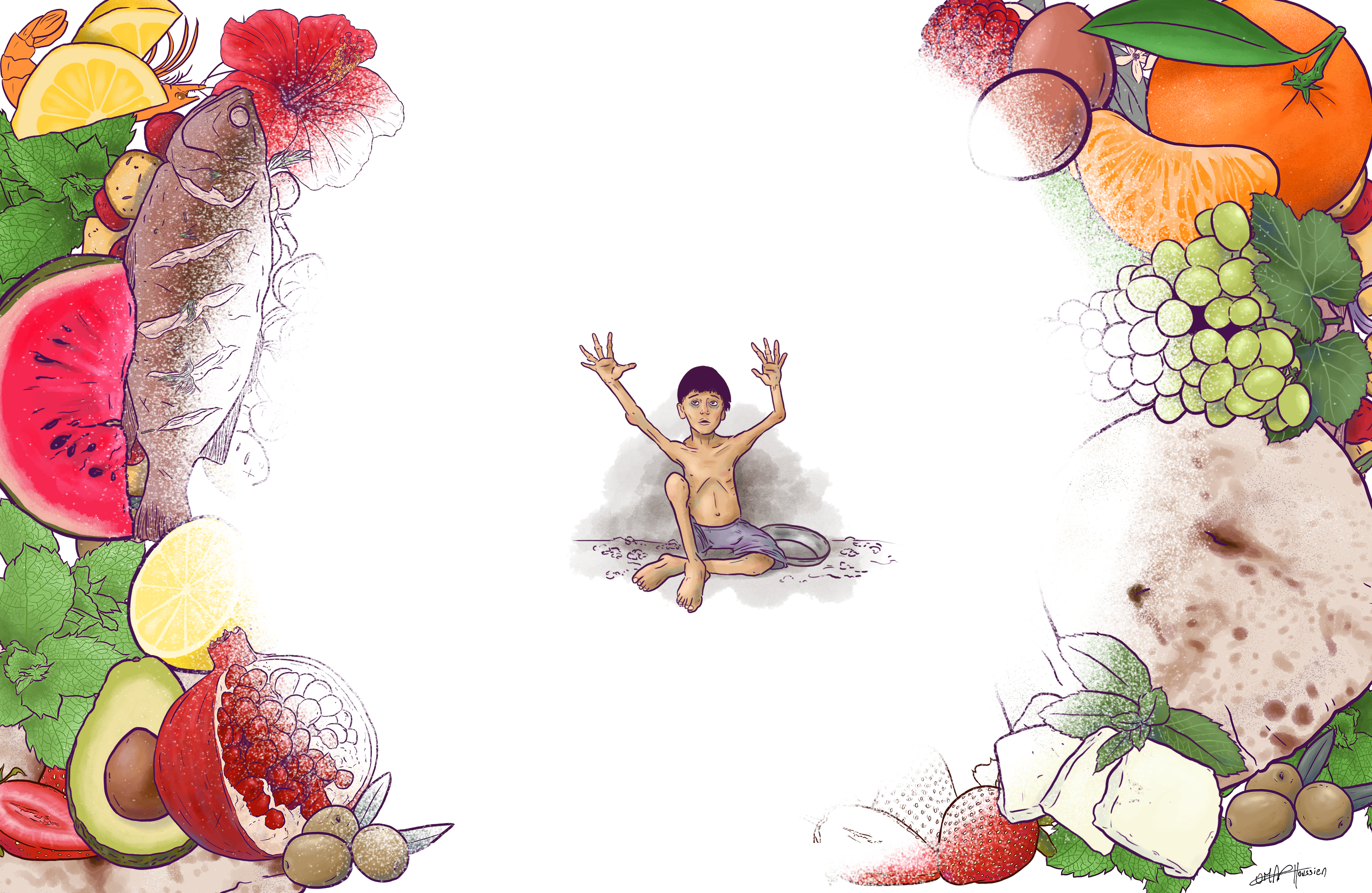 illustration of a starving child sitting with an empty bowl next to him, arms raised begging for food while on the edges are all the riches of food that Gaza used to provide its people that are now out of reach