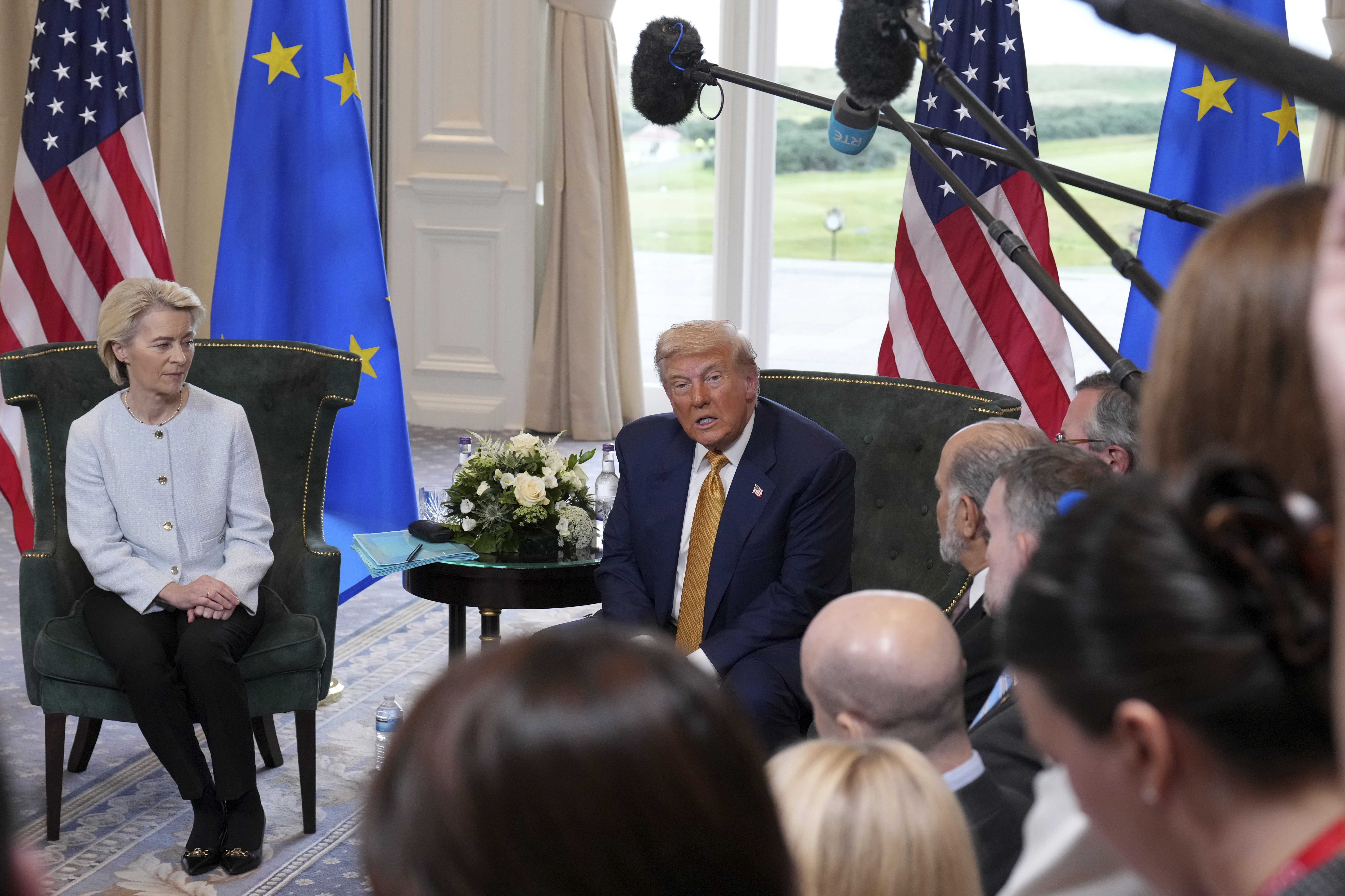 President Donald Trump speaks to the media as he meets European Commission President Ursula von der Leyen at the Trump Turnberry golf course in Turnberry, Scotland Sunday, July 27, 2025. (AP Photo/Jacquelyn Martin)