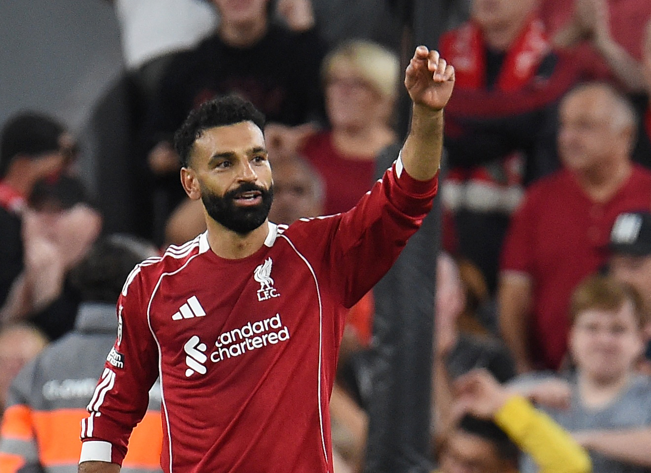 Liverpool’s Mohamed Salah celebrates scoring their fourth goal against Bournemouth