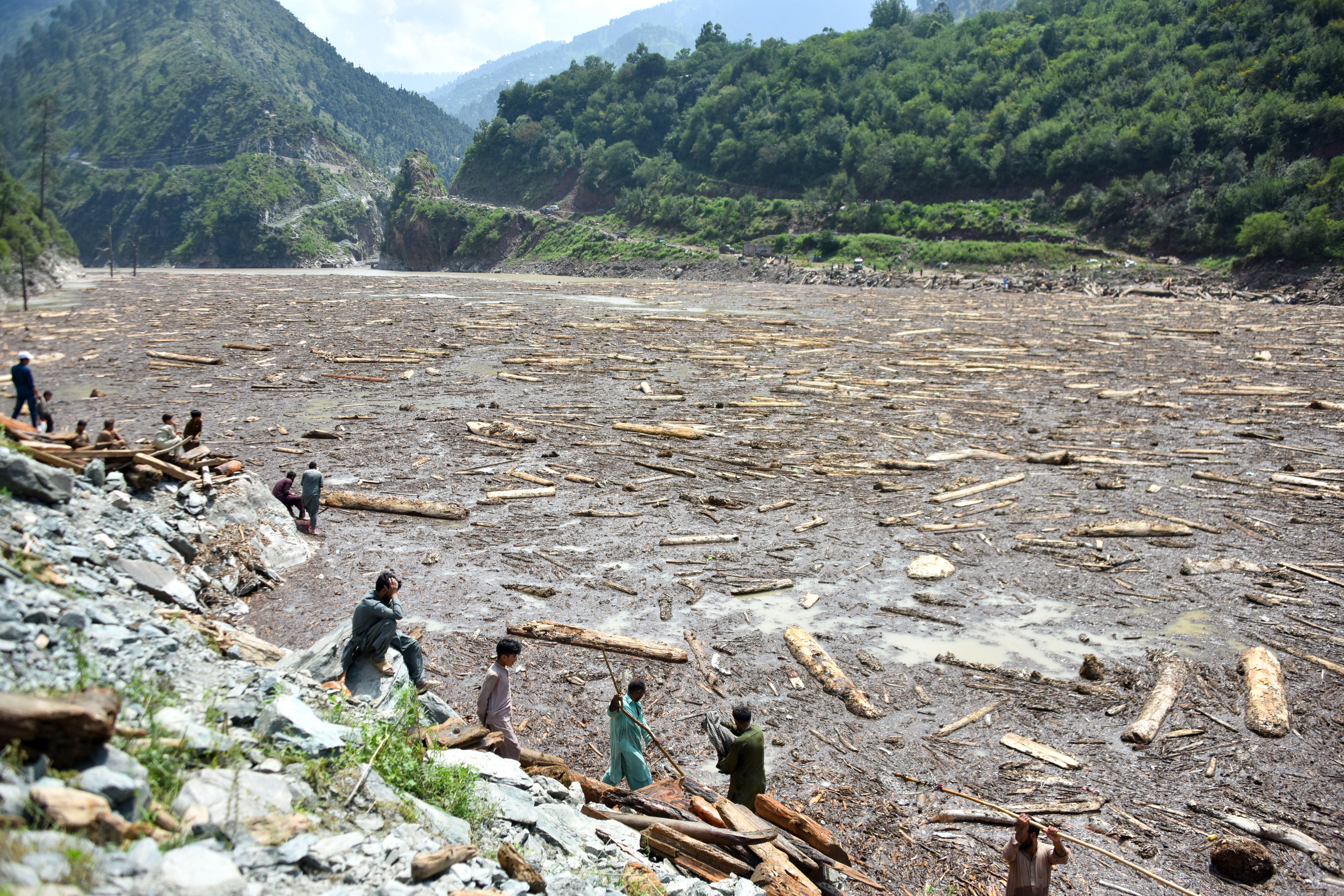 Locals collect woods from Noseri Dam near Muzaffarabad, the capital of Pakistan-administered Kashmir, on August 16