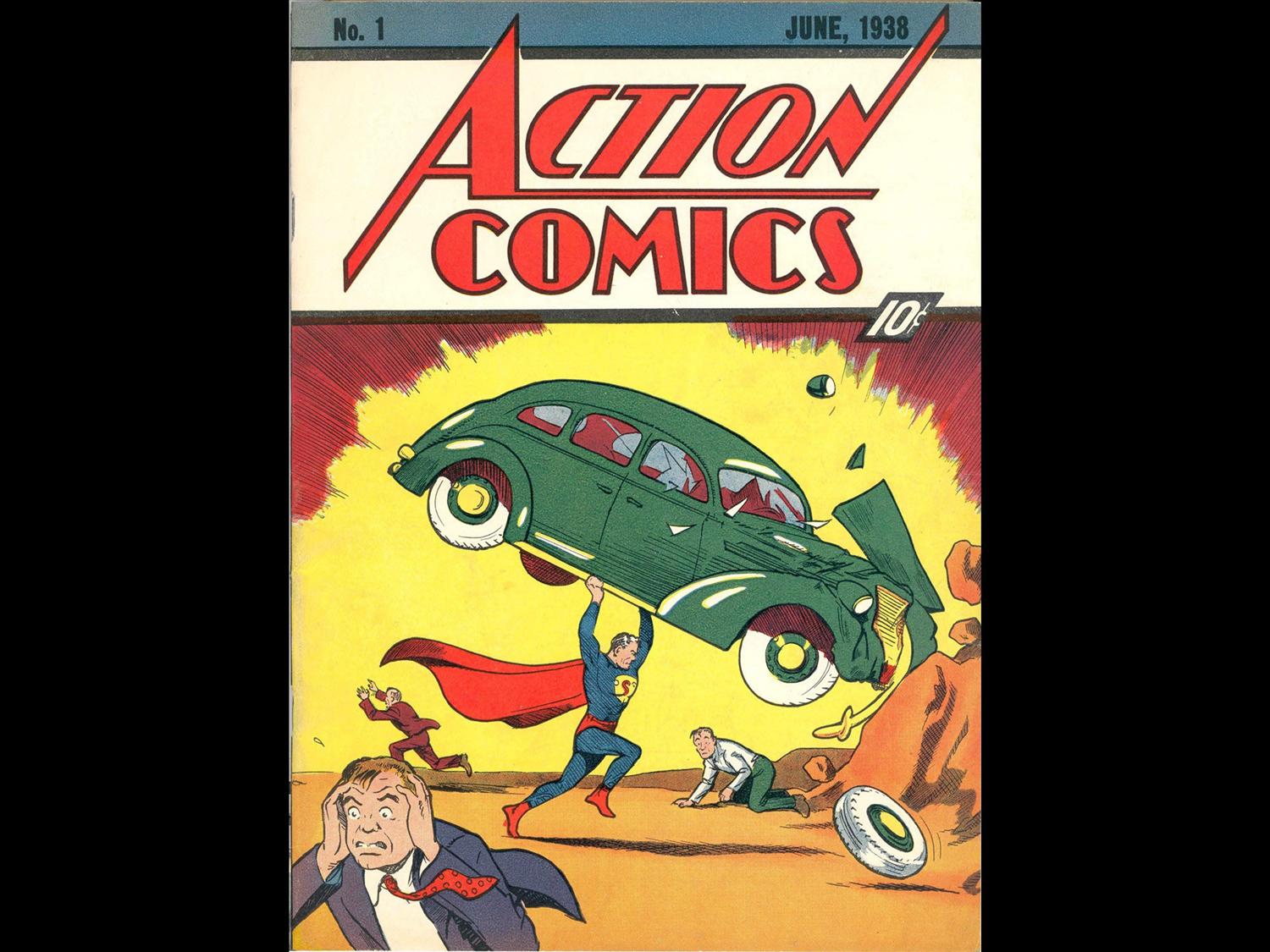 1938 Action Comics No. 1 featuring first appearance of Superman, photo on black