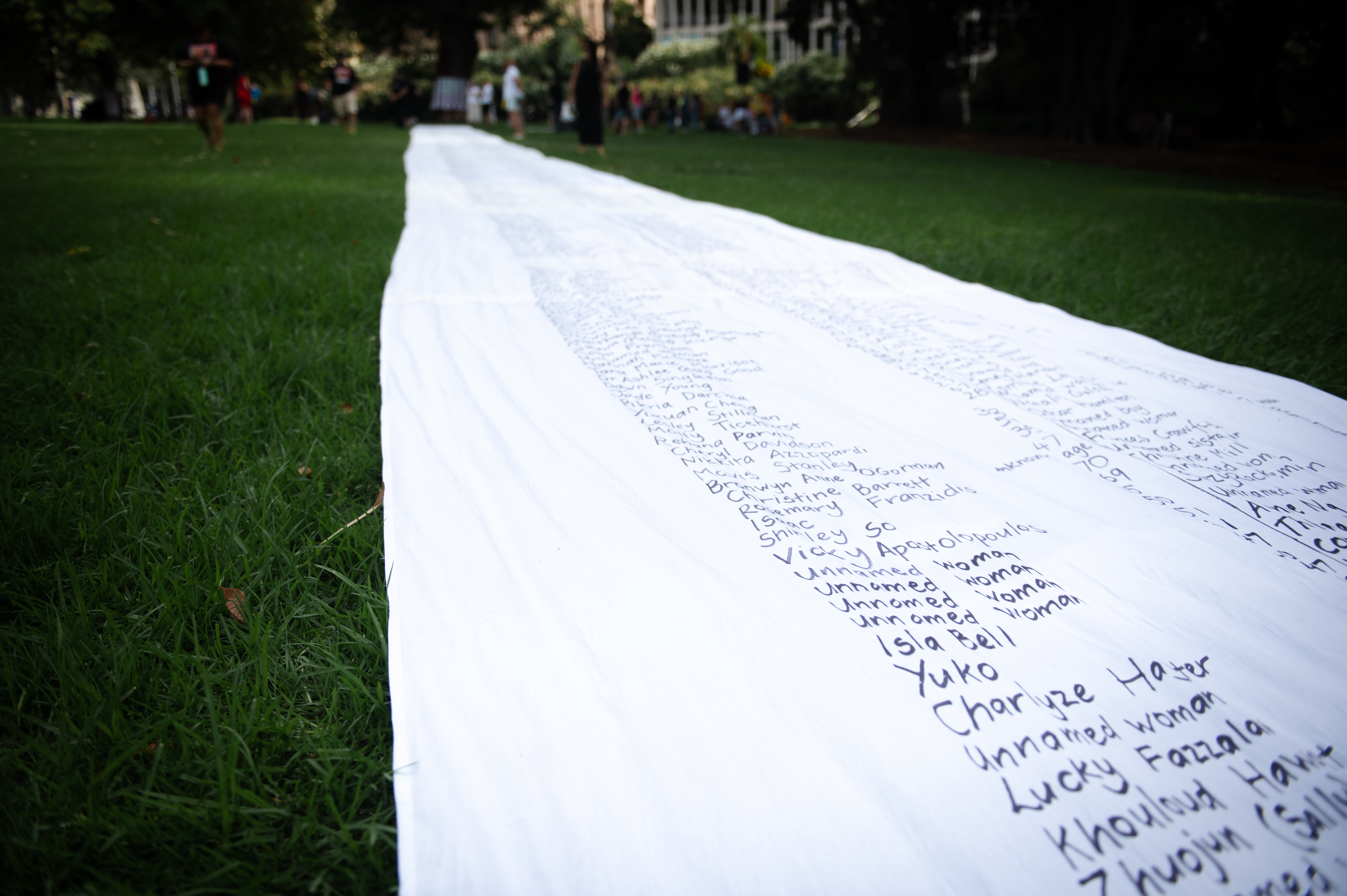 A petition that documents women killed in Australia since 2008 at a Stop Killing Women protest in Melbourne, Australia