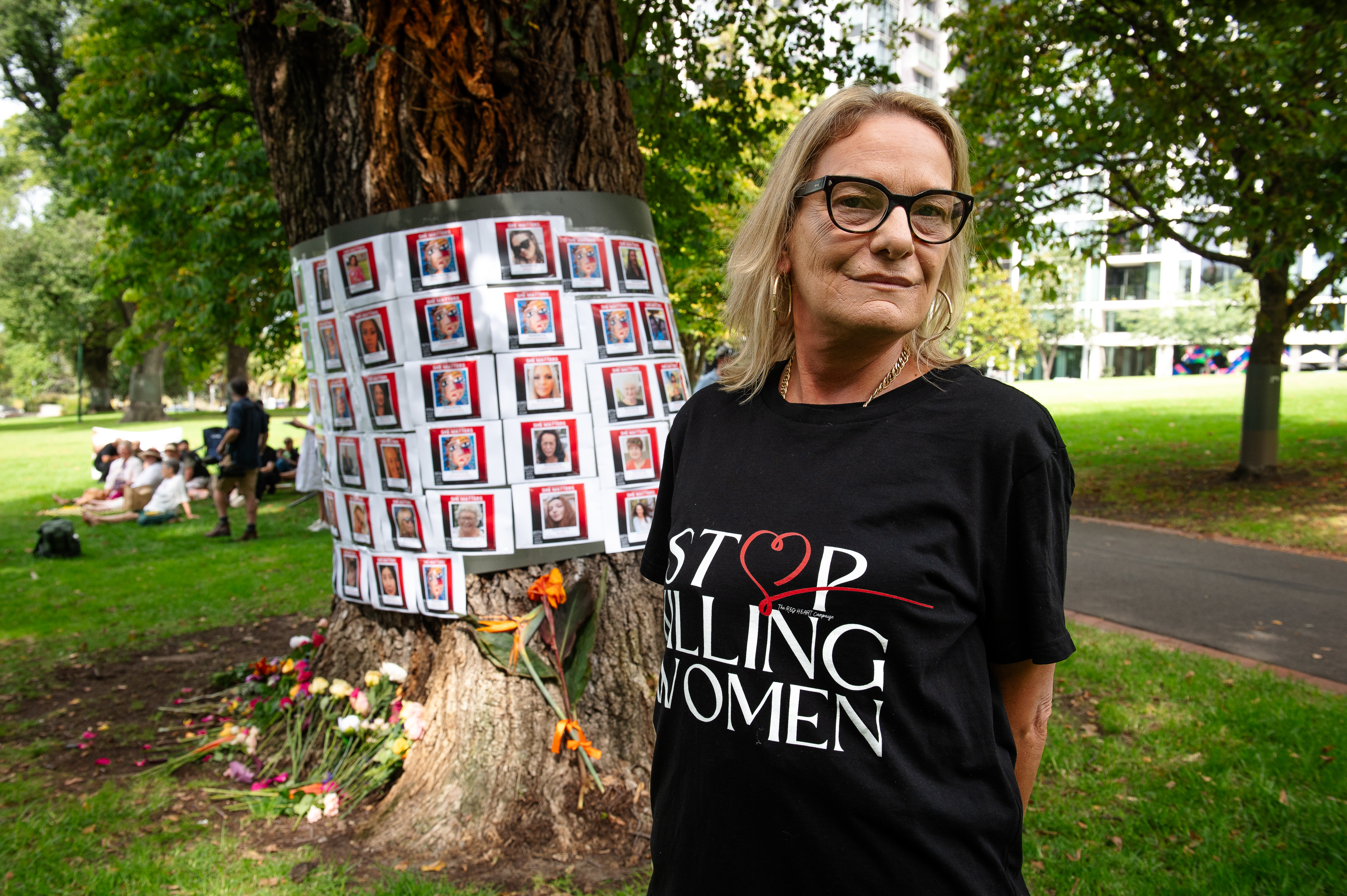 Kellie Carter-Bell, a survivor of domestic violence and speaker at the Stop Killing Women protest in Melbourne, told Al Jazeera: ‘I had my first black eye at 13. I had my last black eye at 36. My mission in being here today is teaching women that you can get out safely and live a successful life.’