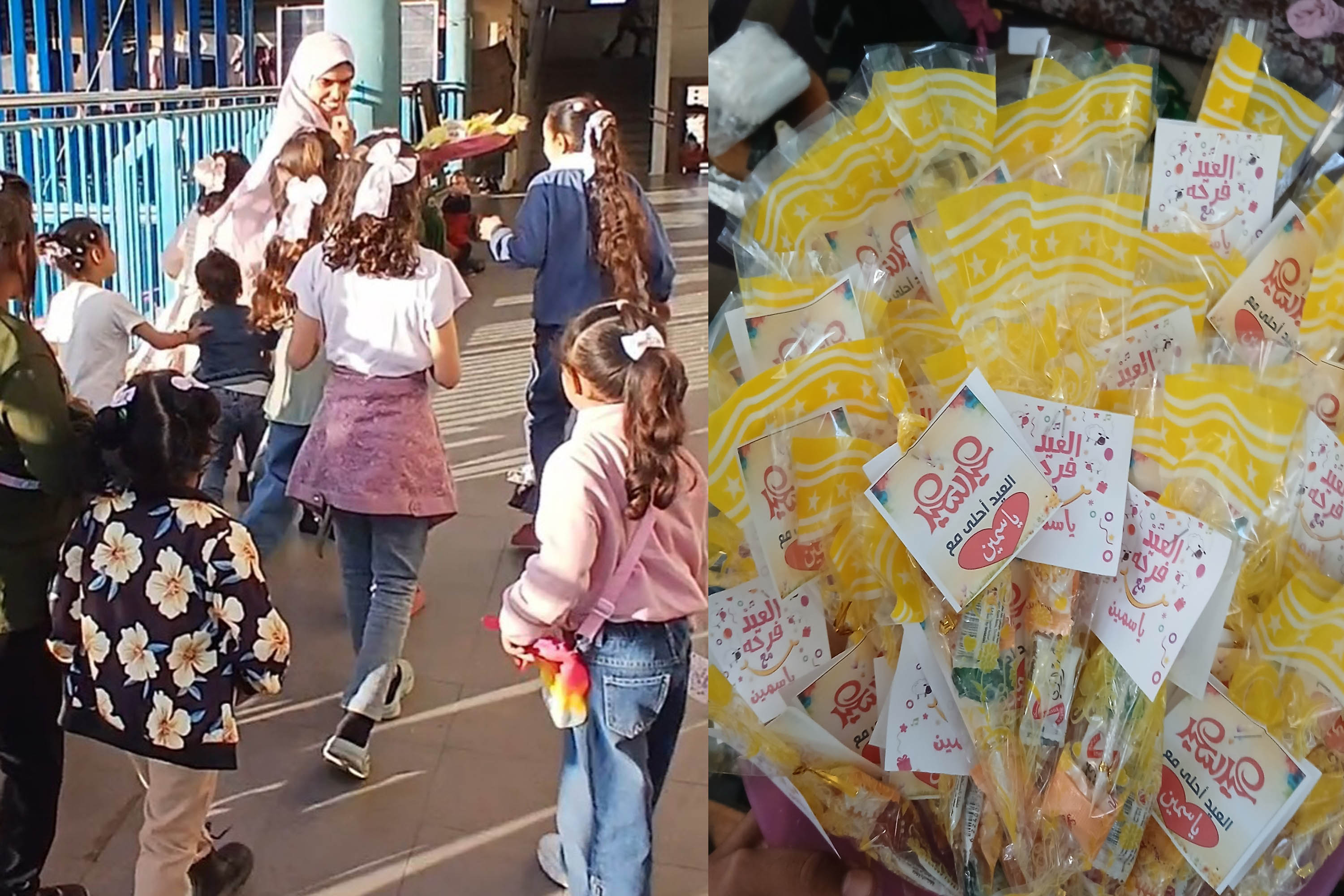 Yasmin giving out candies to children at a school shelter during Eid Al Adha in June 2024 in Gaza city [Courtesy of Hassan ElNabih]