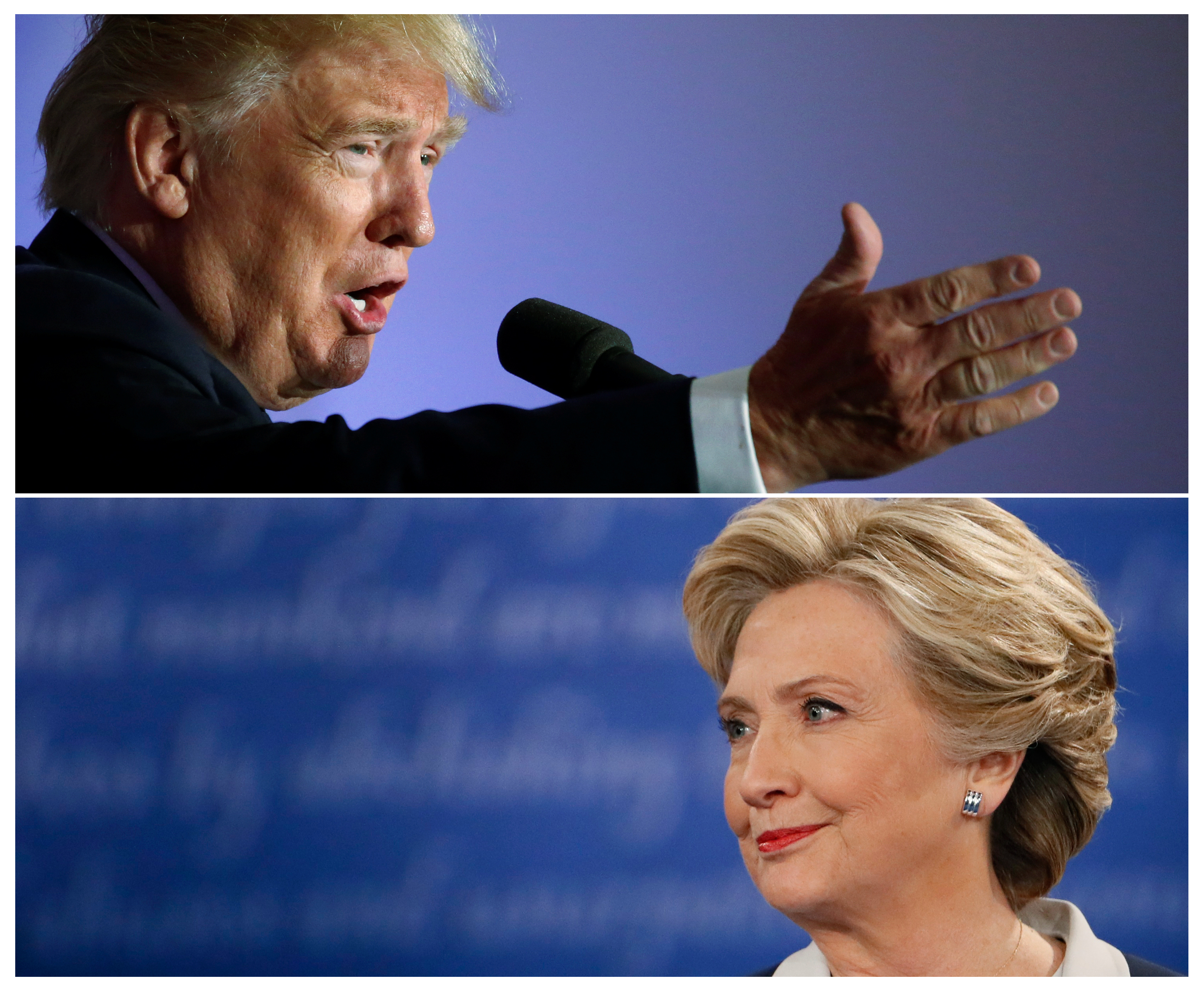 U.S. presidential candidate Donald Trump (top) speaks at a campaign event, in Washington, DC, U.S., October 26 2016 and Hillary Clinton listens