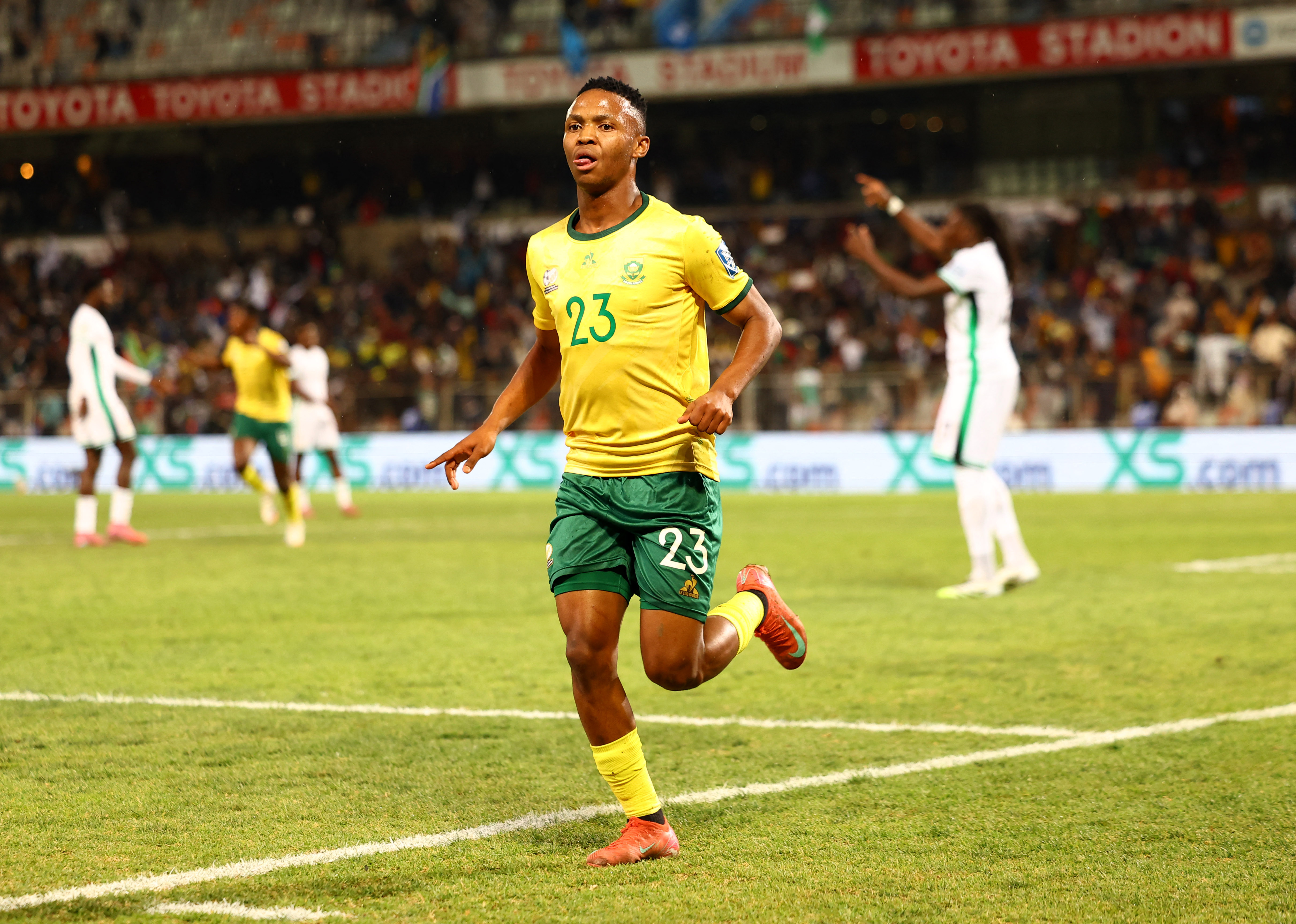 South Africa’s Mohau Nkota celebrates after Nigeria’s William Troost-Ekong scored an own goal in the teams’ latest CAF qualifier