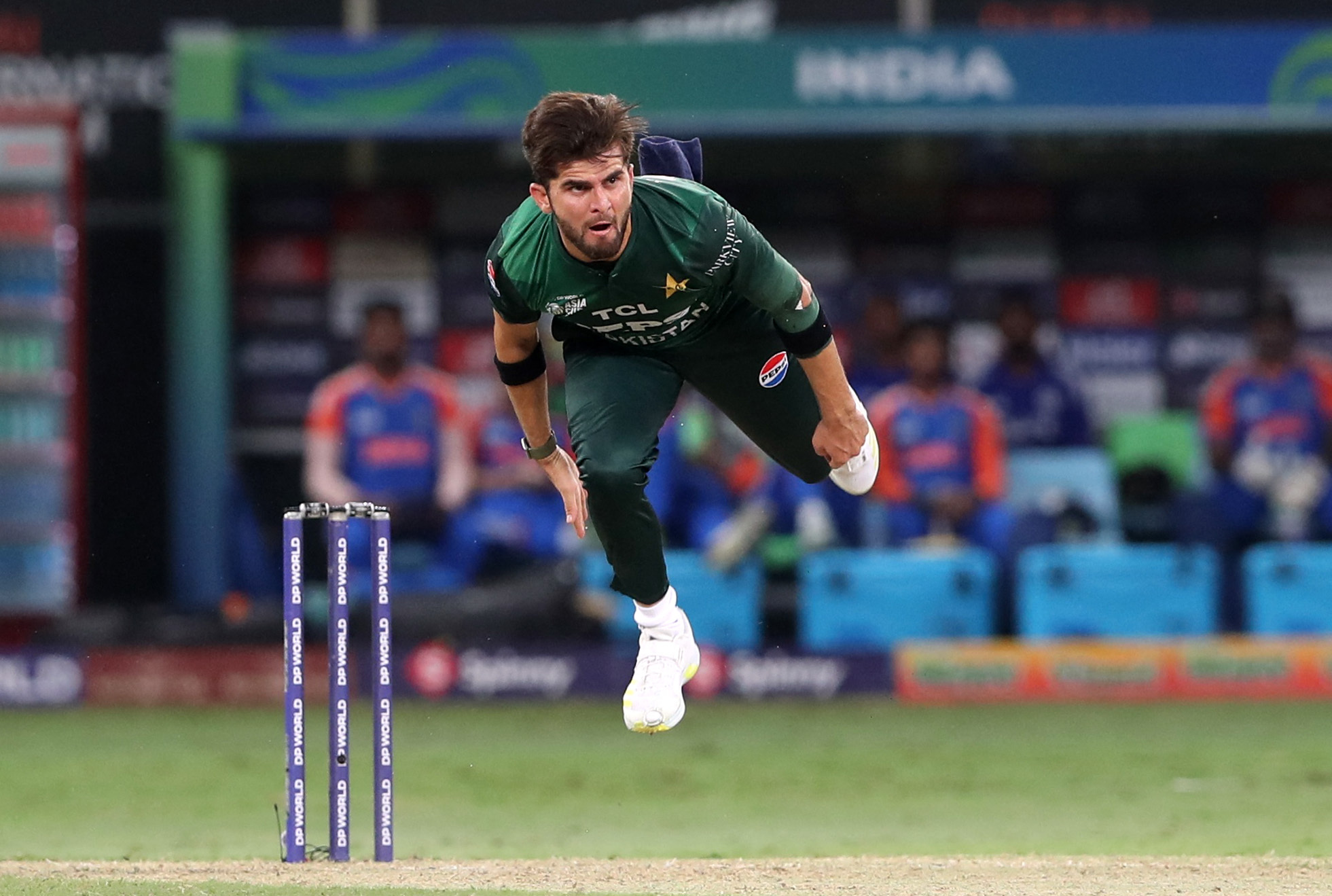 Pakistan’s Shaheen Shah Afridi in action against India in the Super Fours match