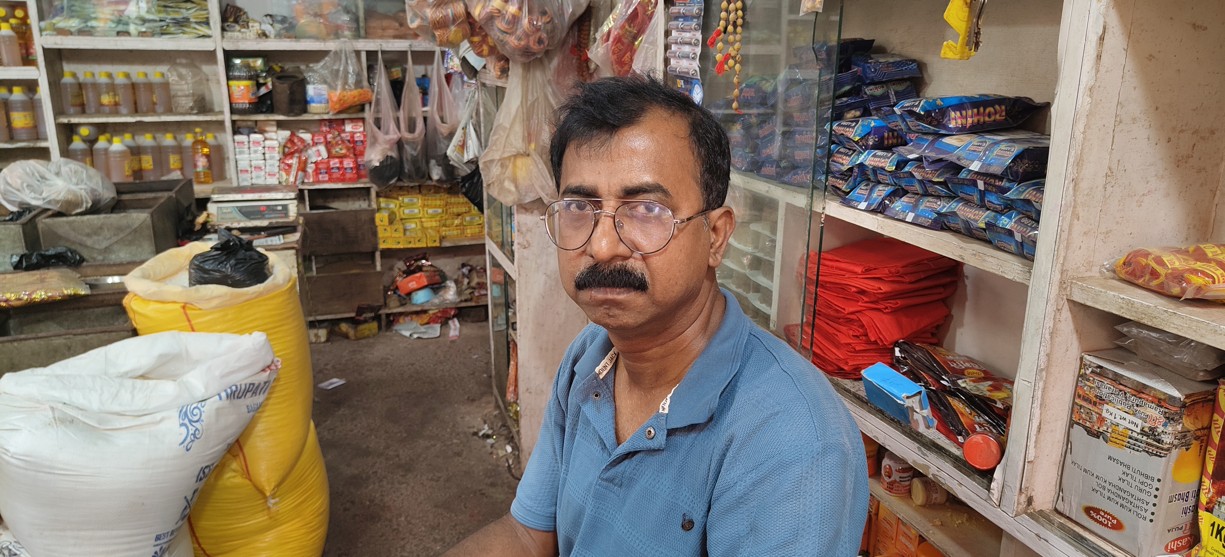 Ranjeet Kumar runs a store selling items for Hindu religious ceremonies in Raxaul, near Nepal border
