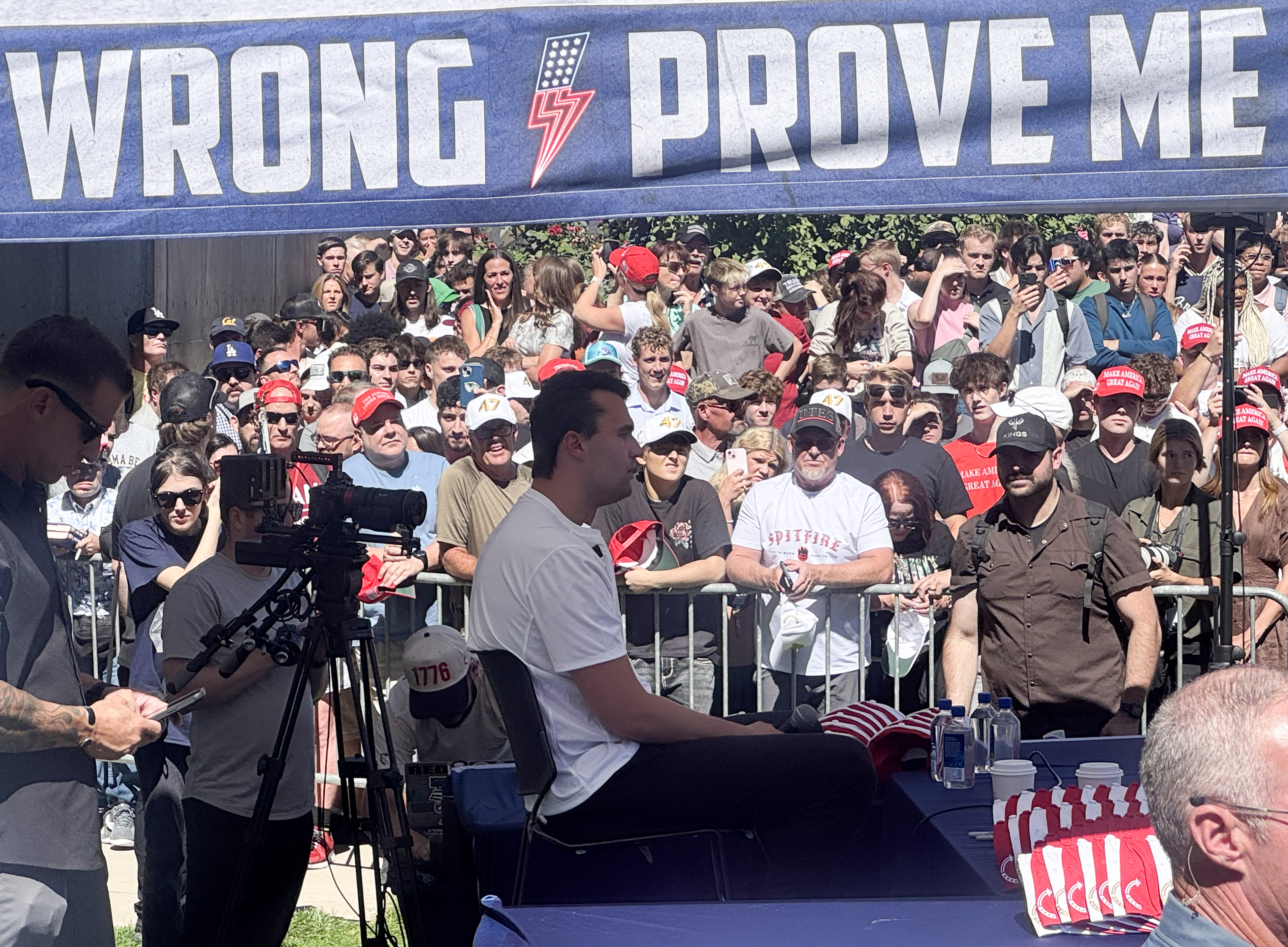 This screen grab from a video by Amy King shows right-wing youth activist and influencer Charlie Kirk speaking during a public event at Utah Valley University minutes before he was shot in Orem, Utah, on September 10, 2025.