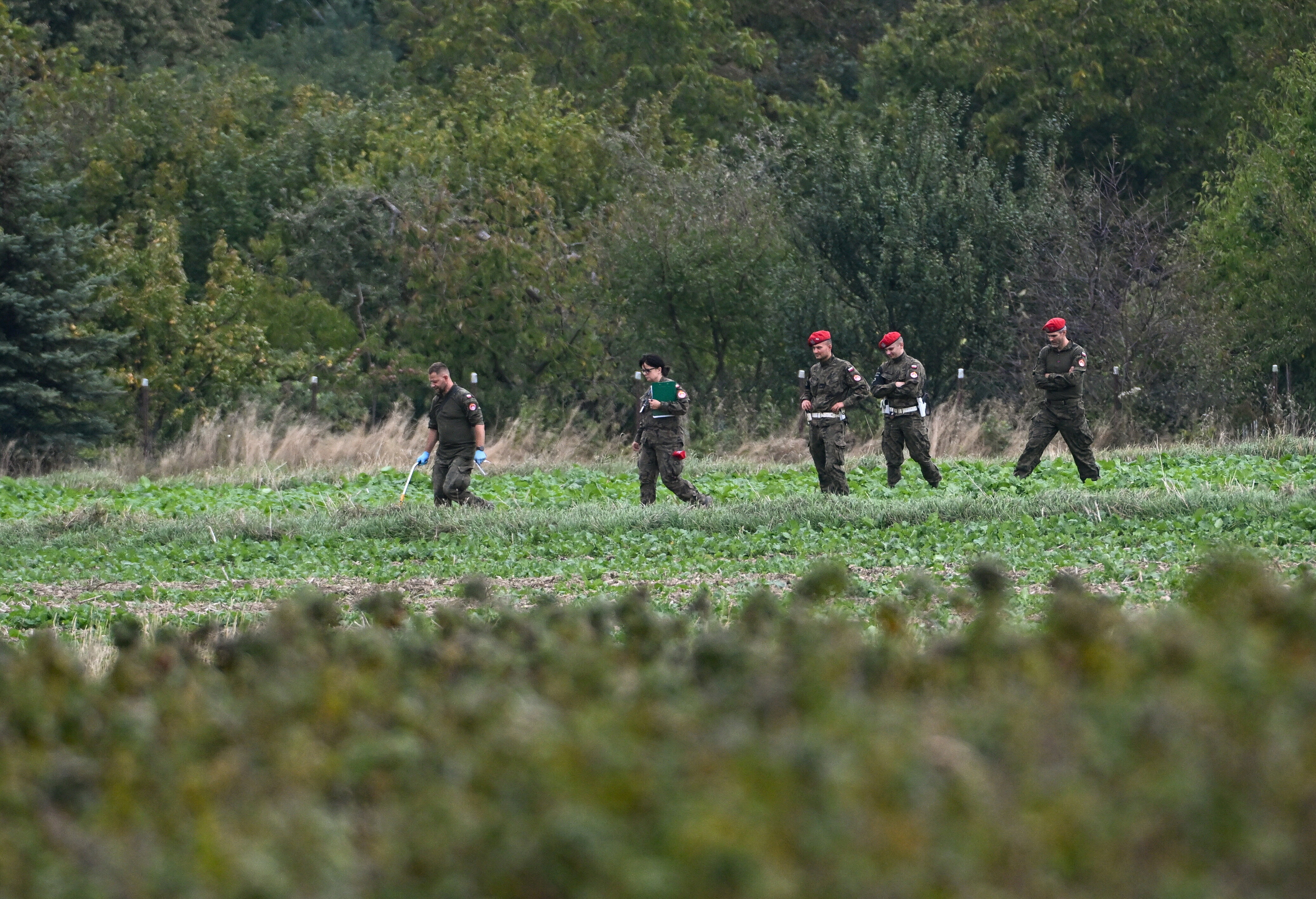 epa12389292 Police officers and soldiers work at the site of suspected remnants of a Polish missile found in Choiny village, eastern Poland, 19 September 2025. The remains of what are most likely a Polish missile that was launched to shoot down a Russian drone were found in the eastern village of Choiny. Overnight from 09 to 10 September 2025, Russian drones repeatedly violated Polish airspace during a major aerial attack on Ukraine, which Warsaw described as a provocation. The incident prompted Poland and its NATO allies to scramble fighter jets, and Poland said that the drones posing a direct threat were shot down that night. EPA/WOJTEK JARGILO POLAND OUT