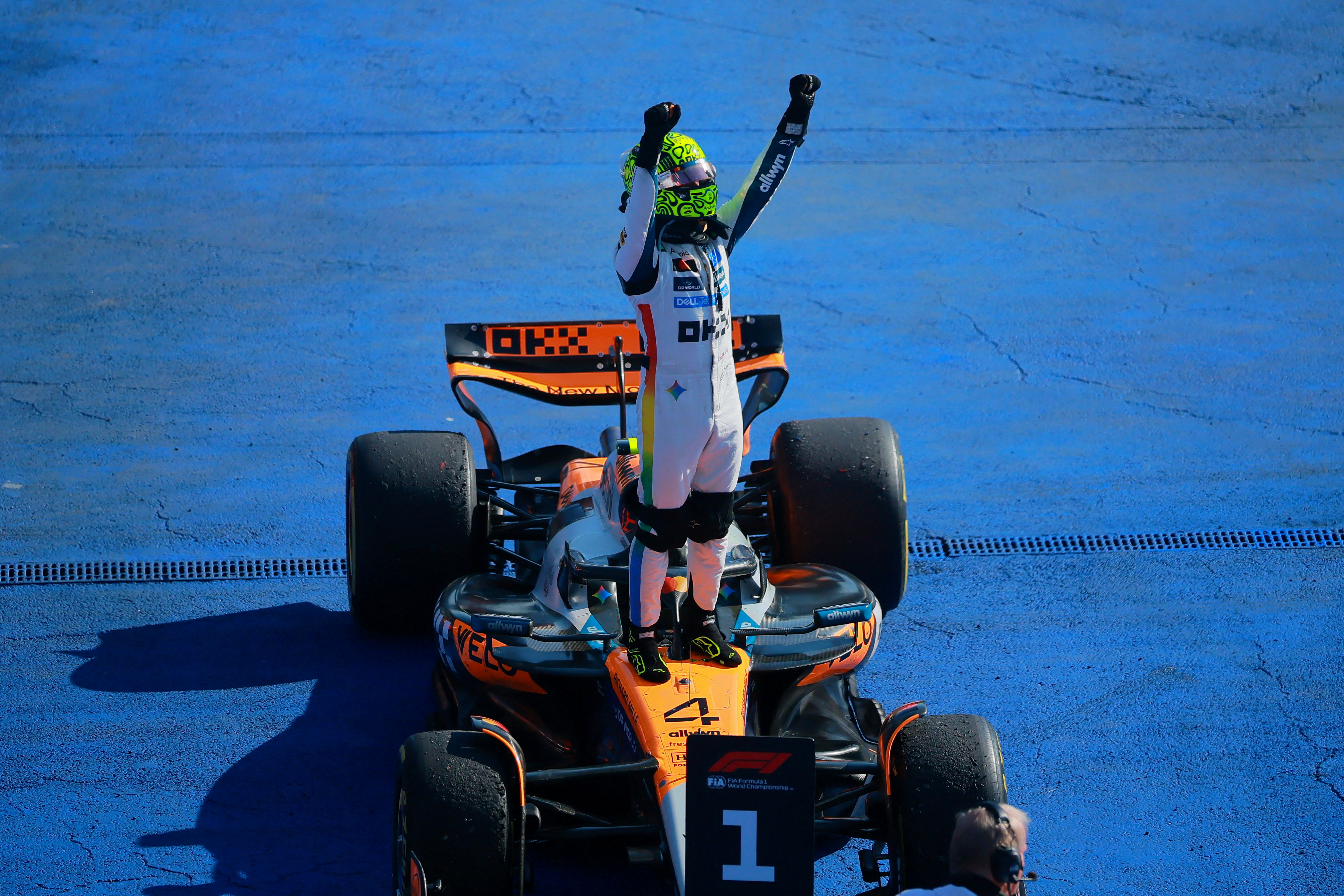 Norris celebrates after winning the Mexico City Grand Prix