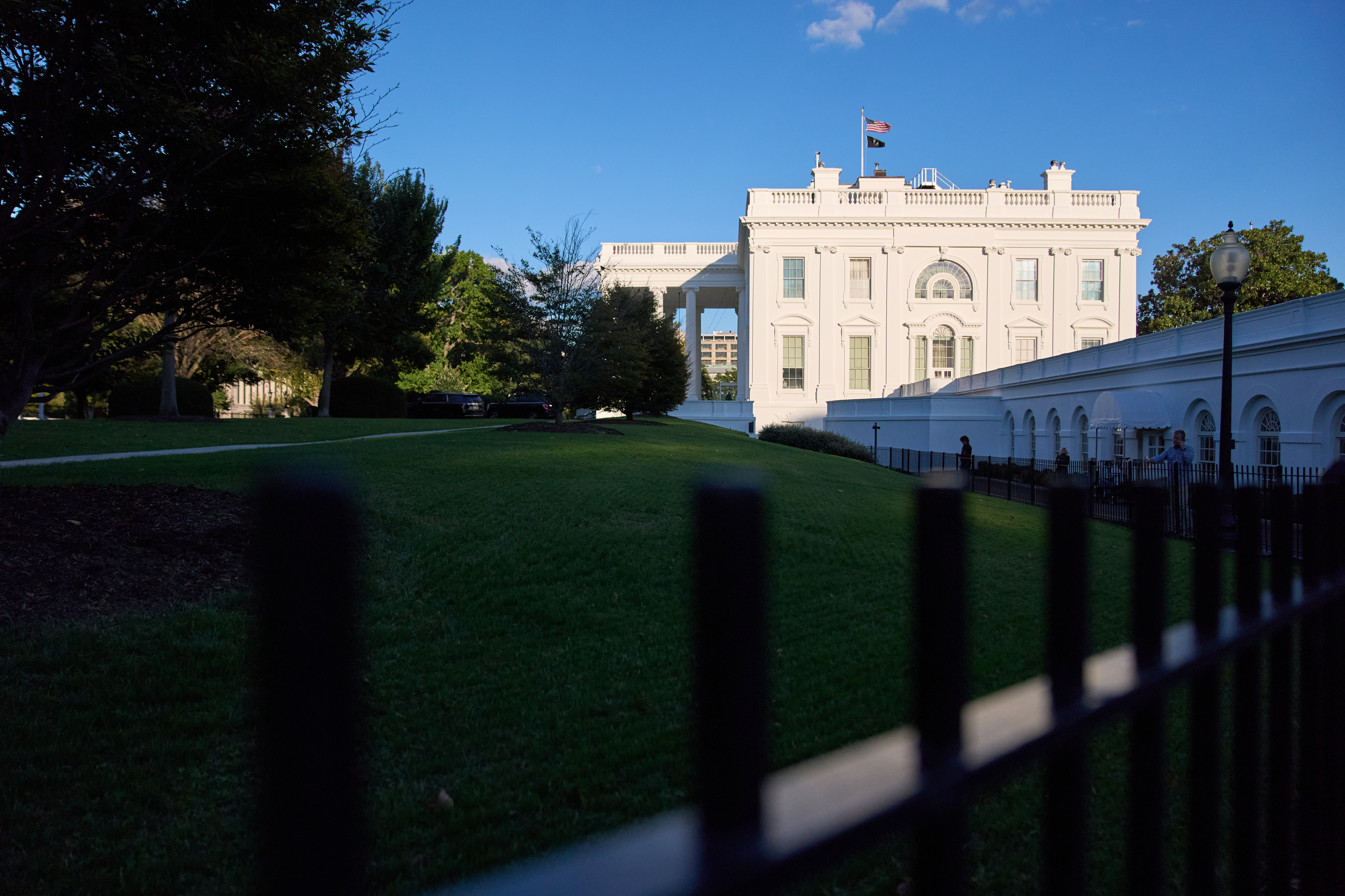 A view of the White House at sunset