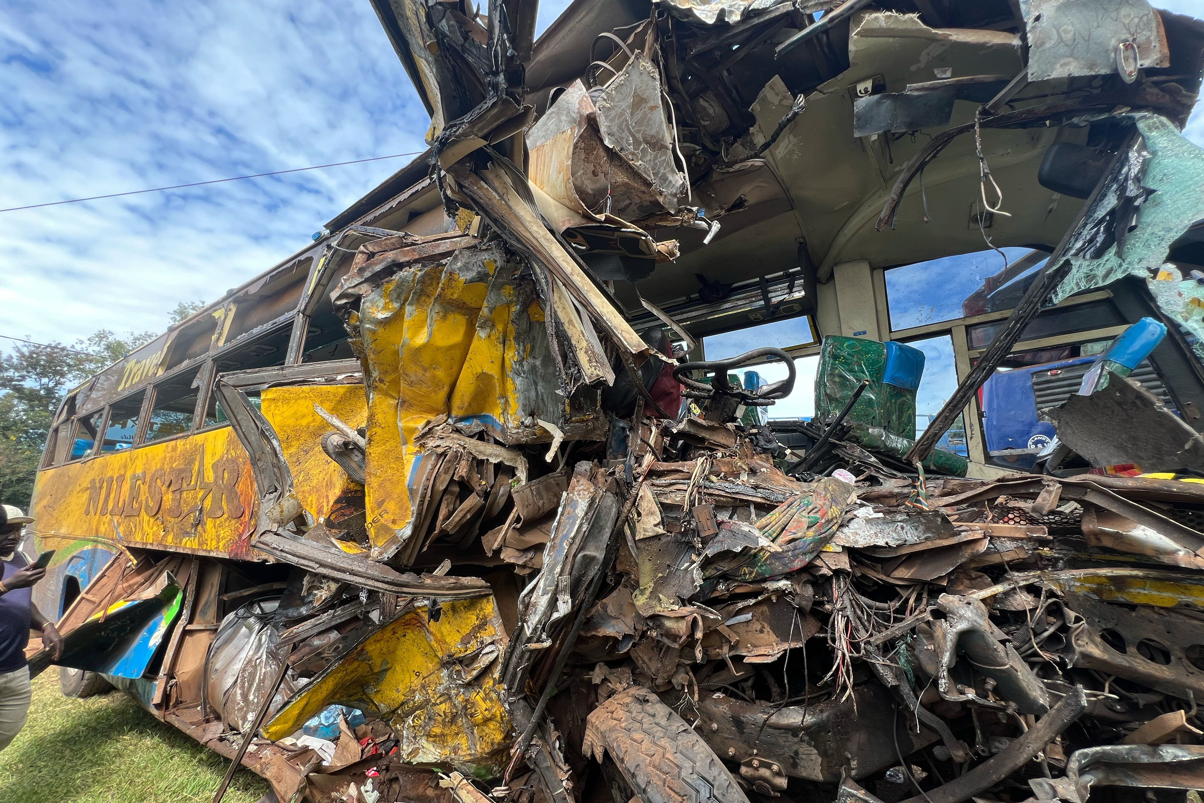 Wreckage of a bus involved in a highway collision