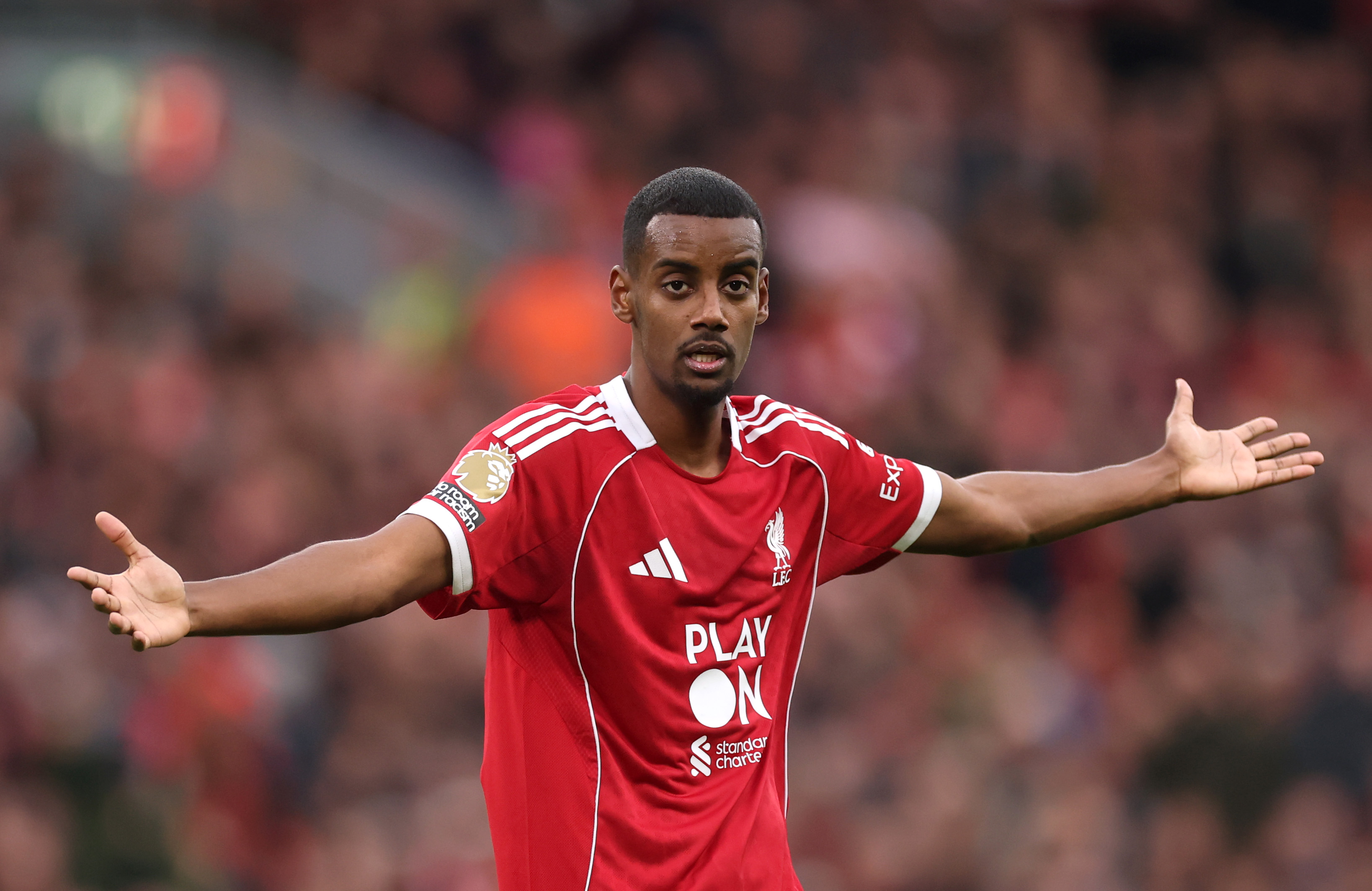 LIVERPOOL, ENGLAND - OCTOBER 19: Alexander Isak of Liverpool reacts during the Premier League match between Liverpool and Manchester United at Anfield on October 19, 2025 in Liverpool, England. (Photo by Carl Recine/Getty Images)