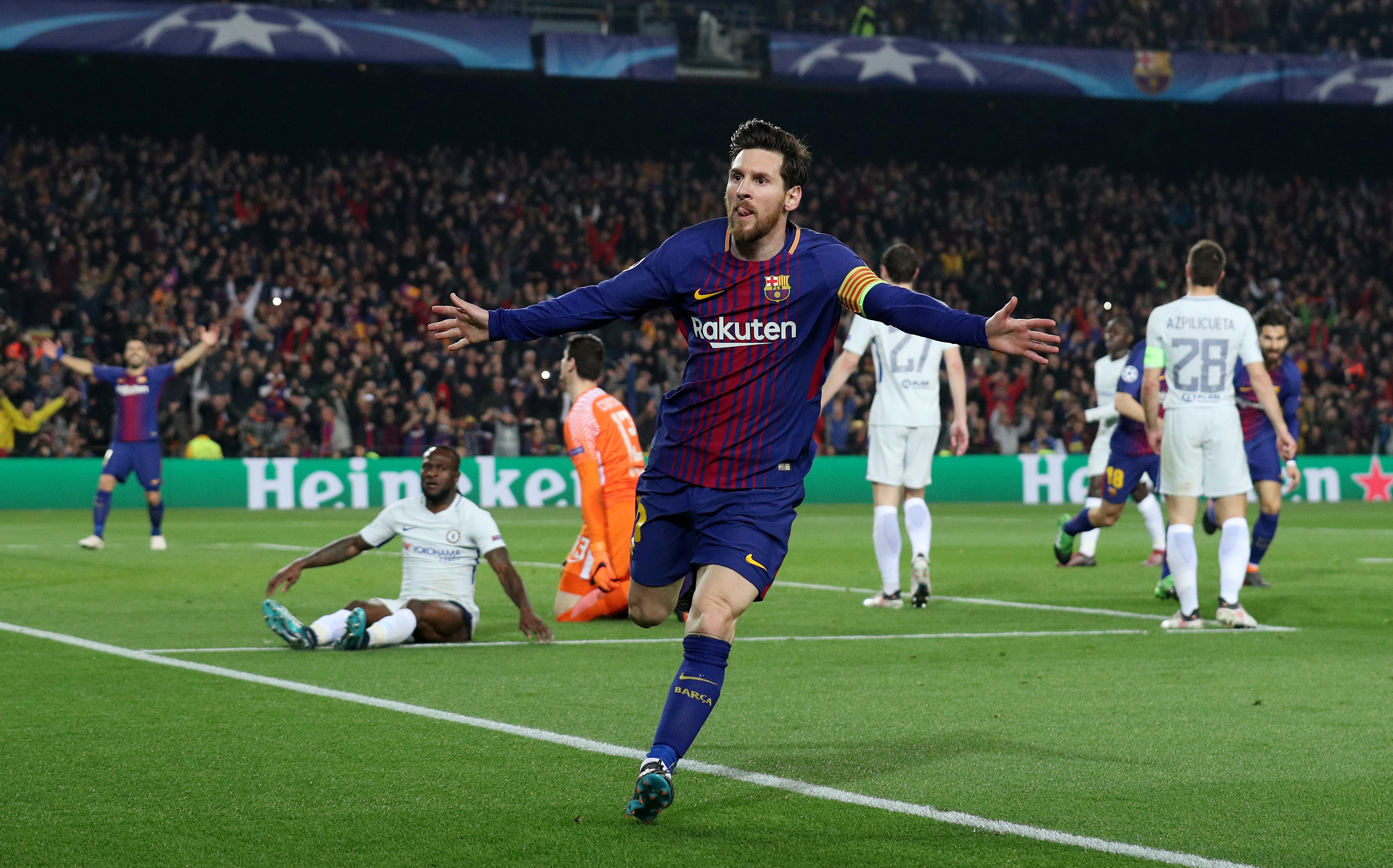 Barcelona’s Lionel Messi celebrates scoring his 100th UEFA Champions League goal against Chelsea in their UEFA Champions League last-16 second leg match at the Nou Camp, Barcelona, Spain on March 14, 2018